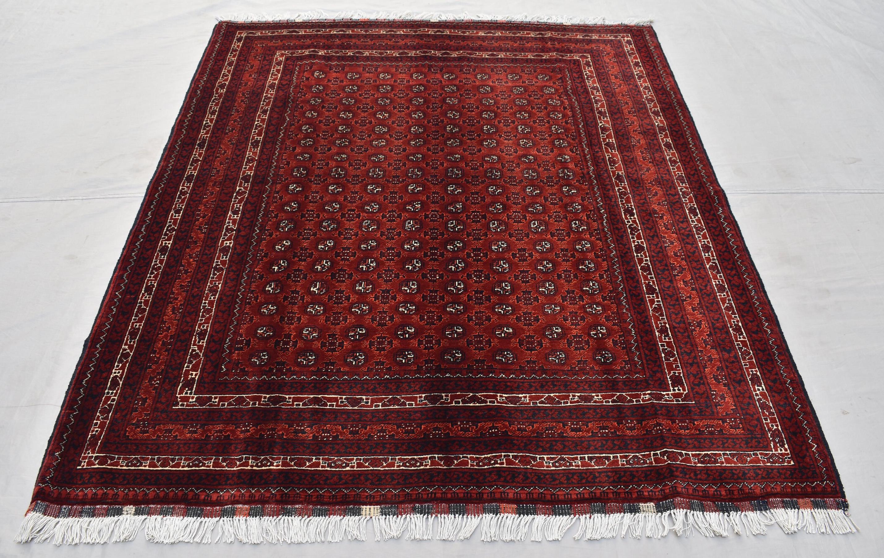 5x6ft, Hoja Roshnai Afghan Rug –Turkmen Hand-Knotted Wool Tribal Carpet–Red & Navy Oriental Area Rug–Traditional Afghan Home Decor 195x154cm