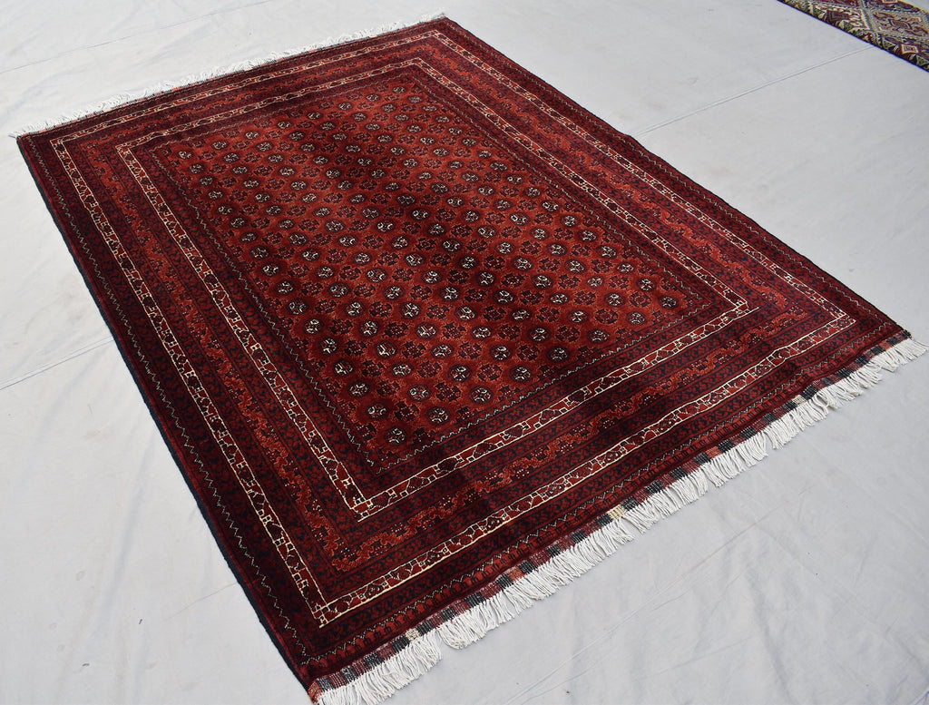5x6ft, Hoja Roshnai Afghan Rug –Turkmen Hand-Knotted Wool Tribal Carpet–Red & Navy Oriental Area Rug–Traditional Afghan Home Decor 195x154cm