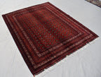 5x6ft, Hoja Roshnai Afghan Rug –Turkmen Hand-Knotted Wool Tribal Carpet–Red & Navy Oriental Area Rug–Traditional Afghan Home Decor 195x154cm