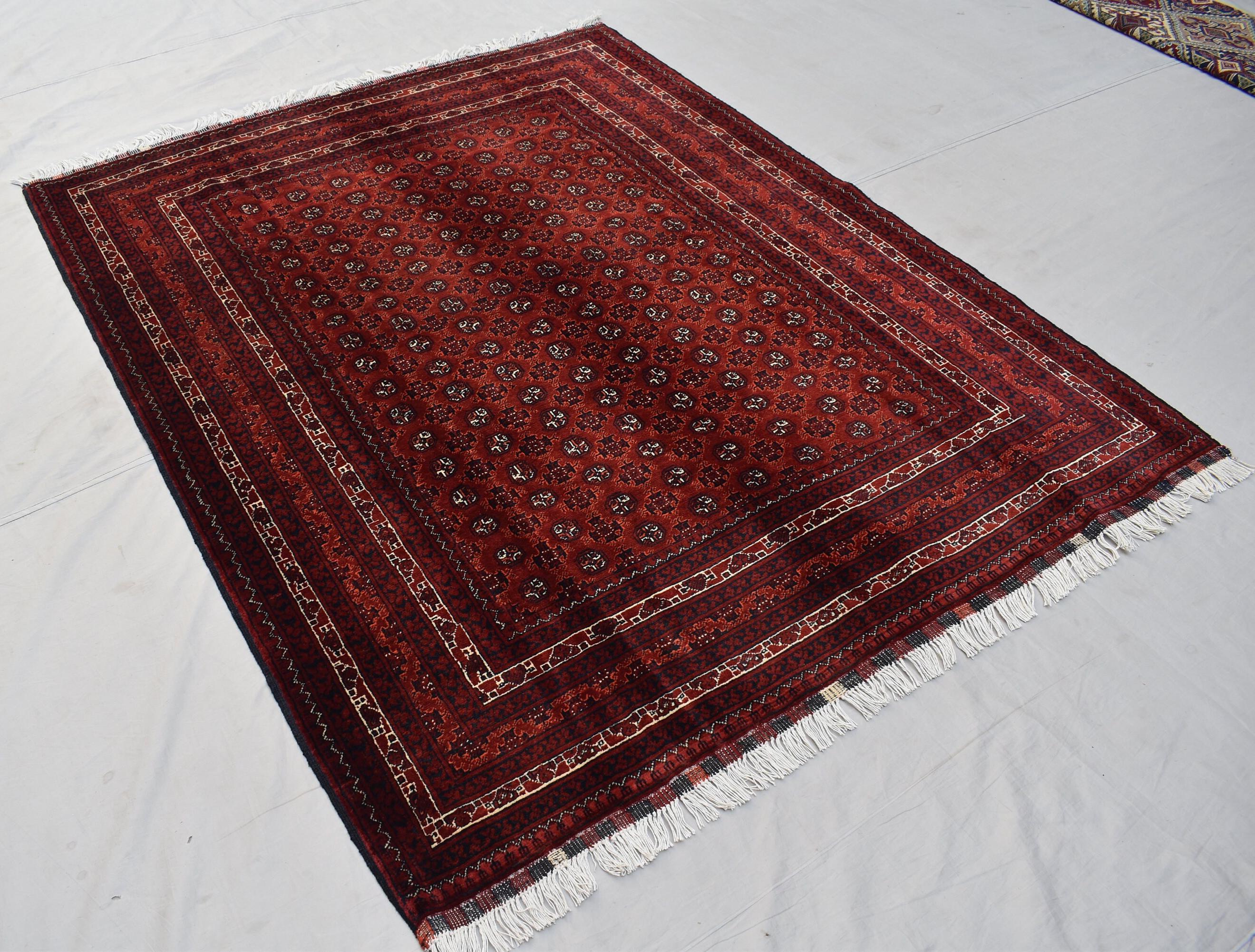 5x6ft, Hoja Roshnai Afghan Rug –Turkmen Hand-Knotted Wool Tribal Carpet–Red & Navy Oriental Area Rug–Traditional Afghan Home Decor 195x154cm