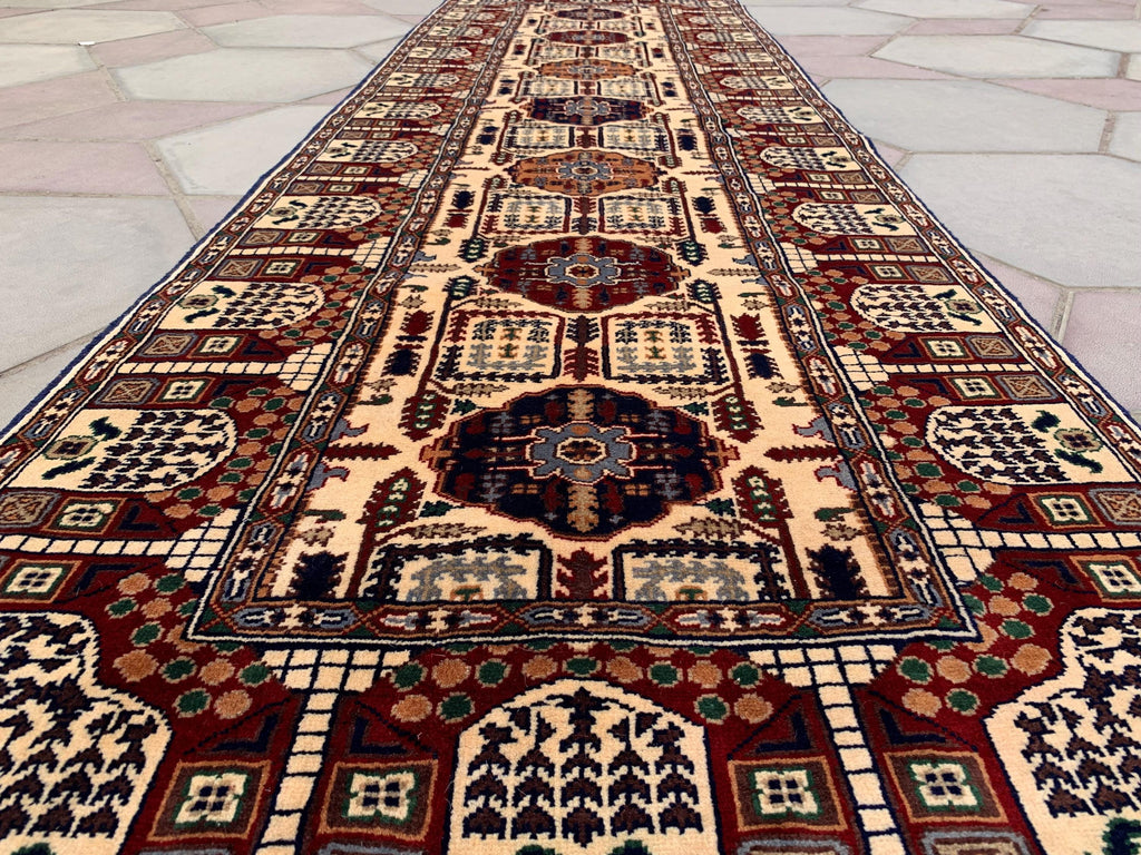 3x10 Afghan Turkmen Runner– Gandum Naksha High Pile Wool Rug –Handmade Hallway Carpet –Tribal Long Runner – Best Quality Afghan Rug 296x87cm