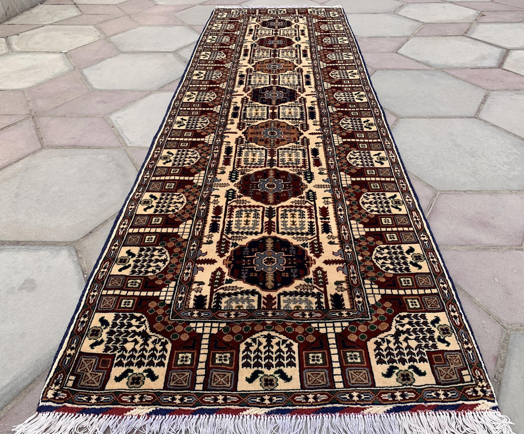 3x10 Afghan Turkmen Runner– Gandum Naksha High Pile Wool Rug –Handmade Hallway Carpet –Tribal Long Runner – Best Quality Afghan Rug 296x87cm