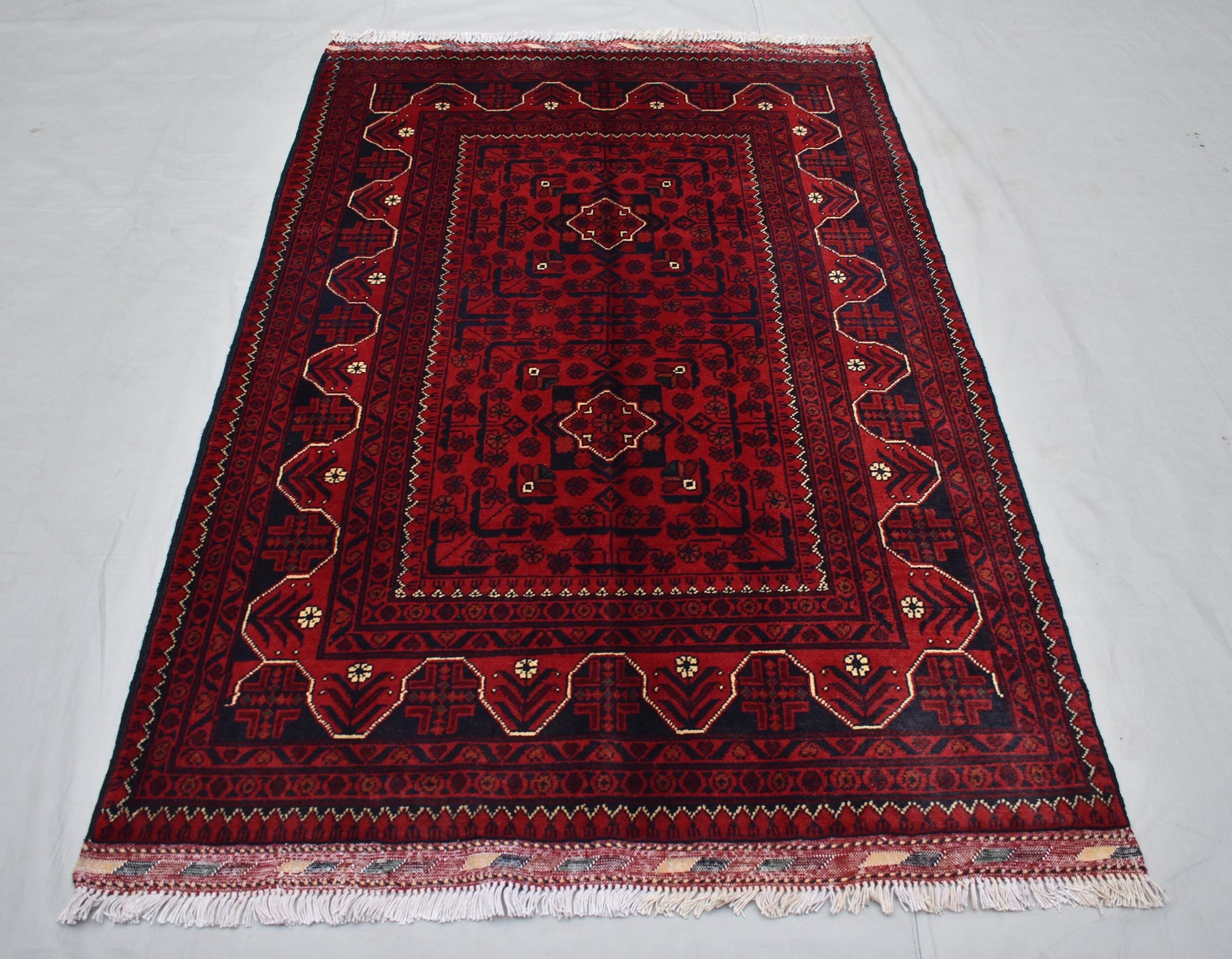 3x5 Afghan Bukhara Rug – Turkmen Hand-Knotted Wool Tribal Area Rug – Red Oriental Afghan Carpet – Traditional Vintage Style Decor 157x99cm