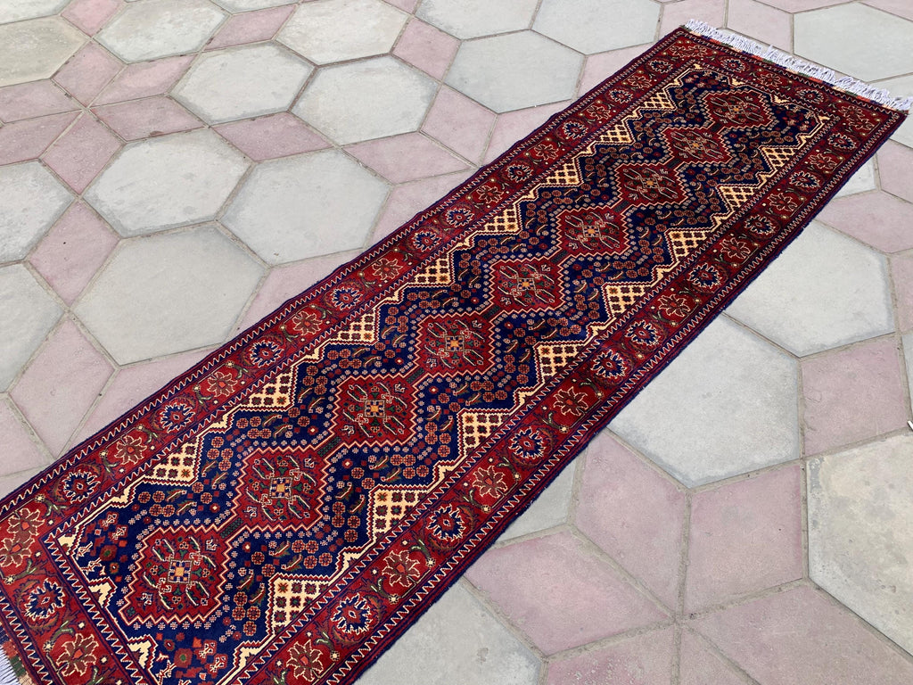 3x10ft, Afghan Turkmen Runner – Yousafi Naksha High Pile Wool Rug – Handmade Hallway Carpet – Tribal Long Runner – Best Quality Afghan Rug