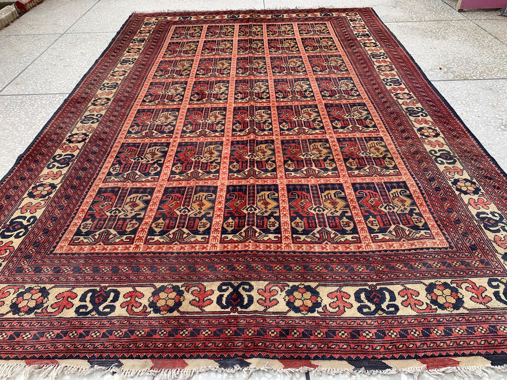 6x10Ft, Ala Bakhmal Vintage Rug–Handmade Afghan Tribal Wool Carpet |Antique Oriental Area Rug |Boho Living Room or Collector Decor 296x194cm