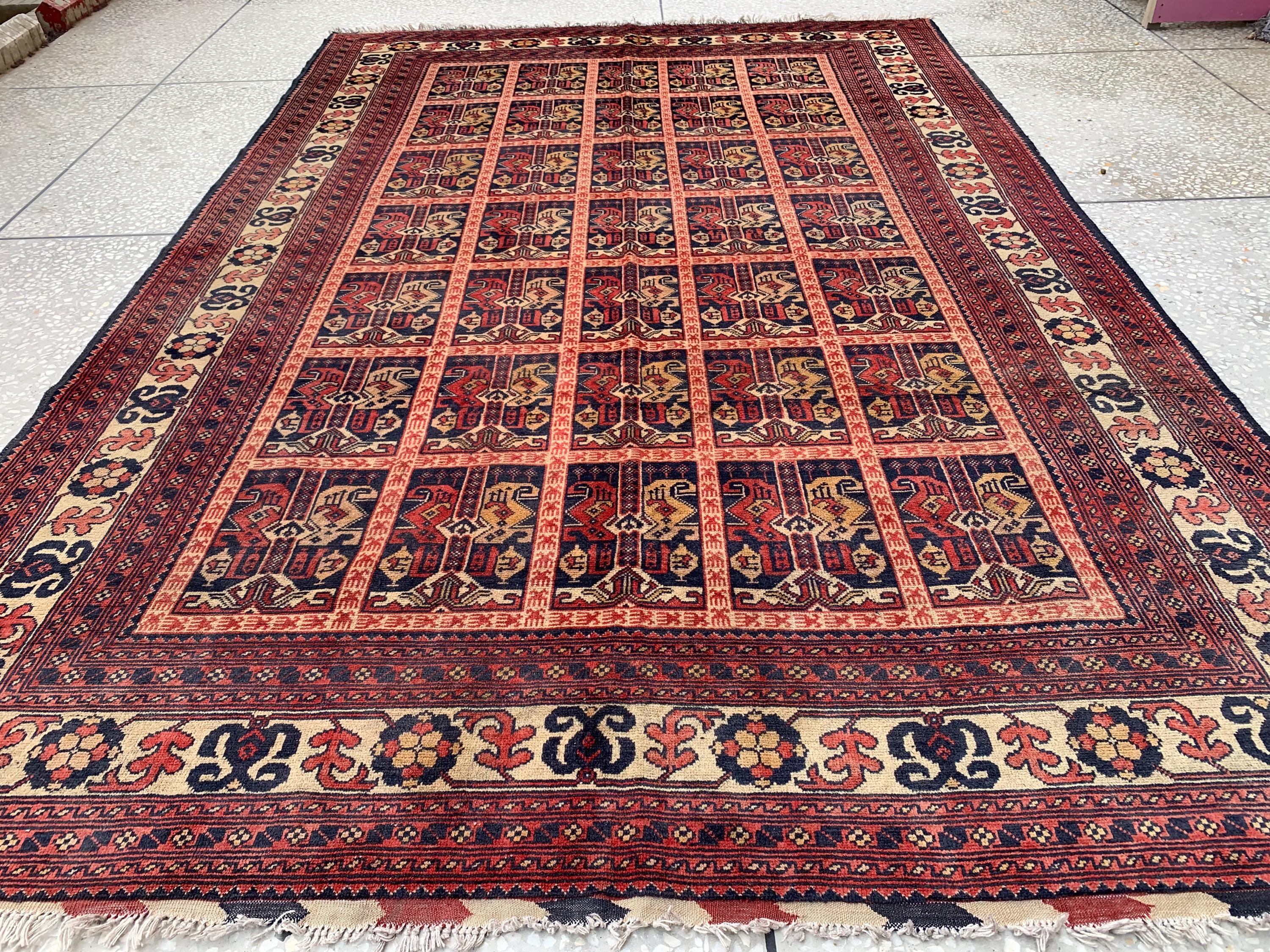 6x10Ft, Ala Bakhmal Vintage Rug–Handmade Afghan Tribal Wool Carpet |Antique Oriental Area Rug |Boho Living Room or Collector Decor 296x194cm