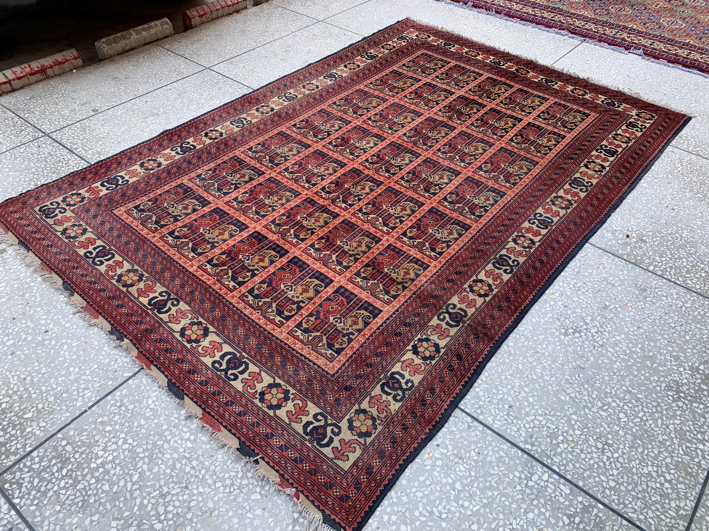 6x10Ft, Ala Bakhmal Vintage Rug–Handmade Afghan Tribal Wool Carpet |Antique Oriental Area Rug |Boho Living Room or Collector Decor 296x194cm