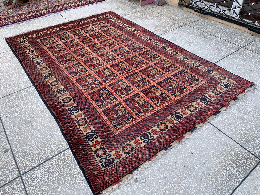 6x10Ft, Ala Bakhmal Vintage Rug–Handmade Afghan Tribal Wool Carpet |Antique Oriental Area Rug |Boho Living Room or Collector Decor 296x194cm