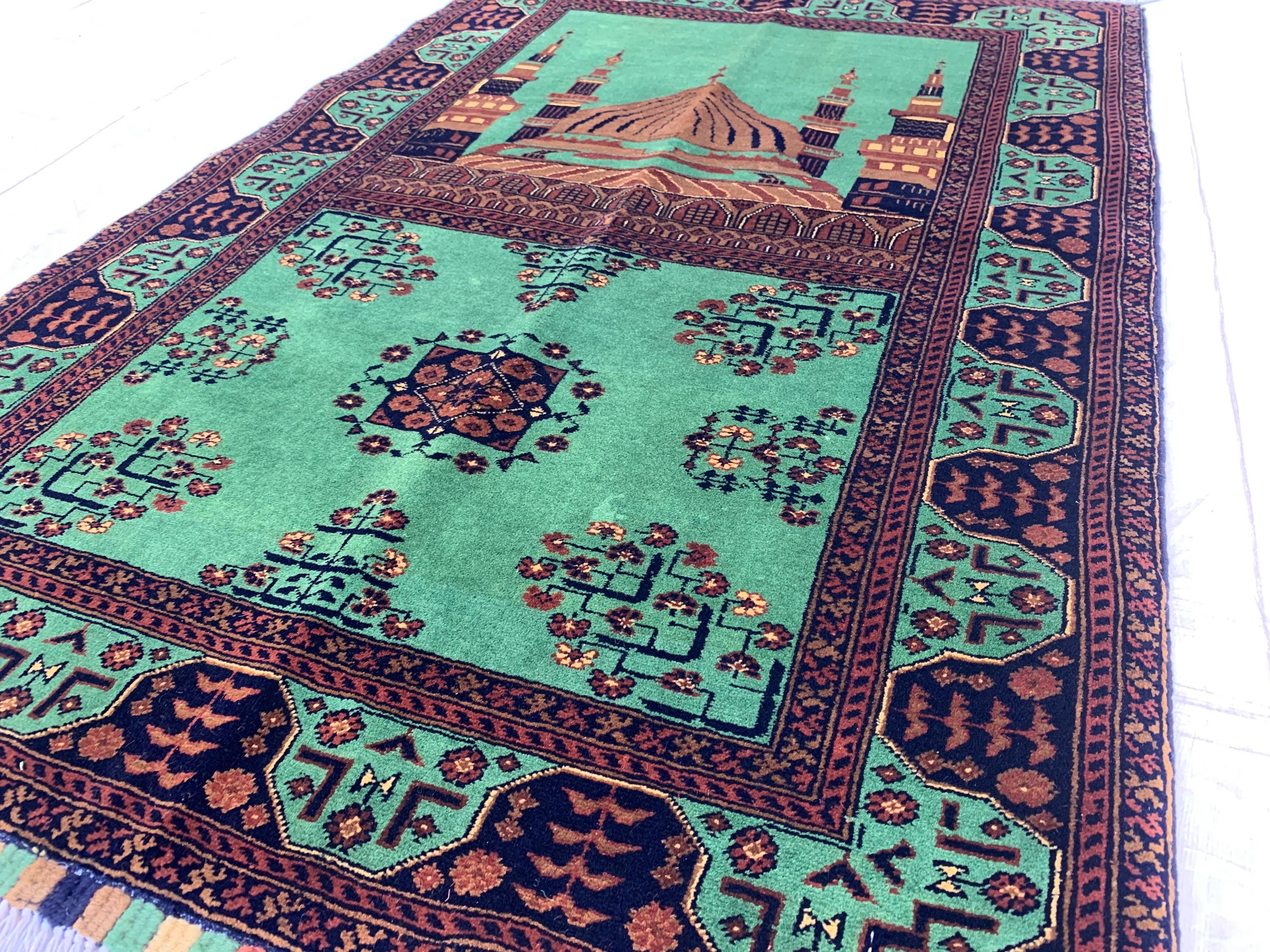 Rich Green Handmade Bukhara Beljik Prayer Rug 4.6x2.11 ft – Vintage Wool Islamic Mat, Red Tribal Design, Muslim Prayer Carpet, Hajj Gift