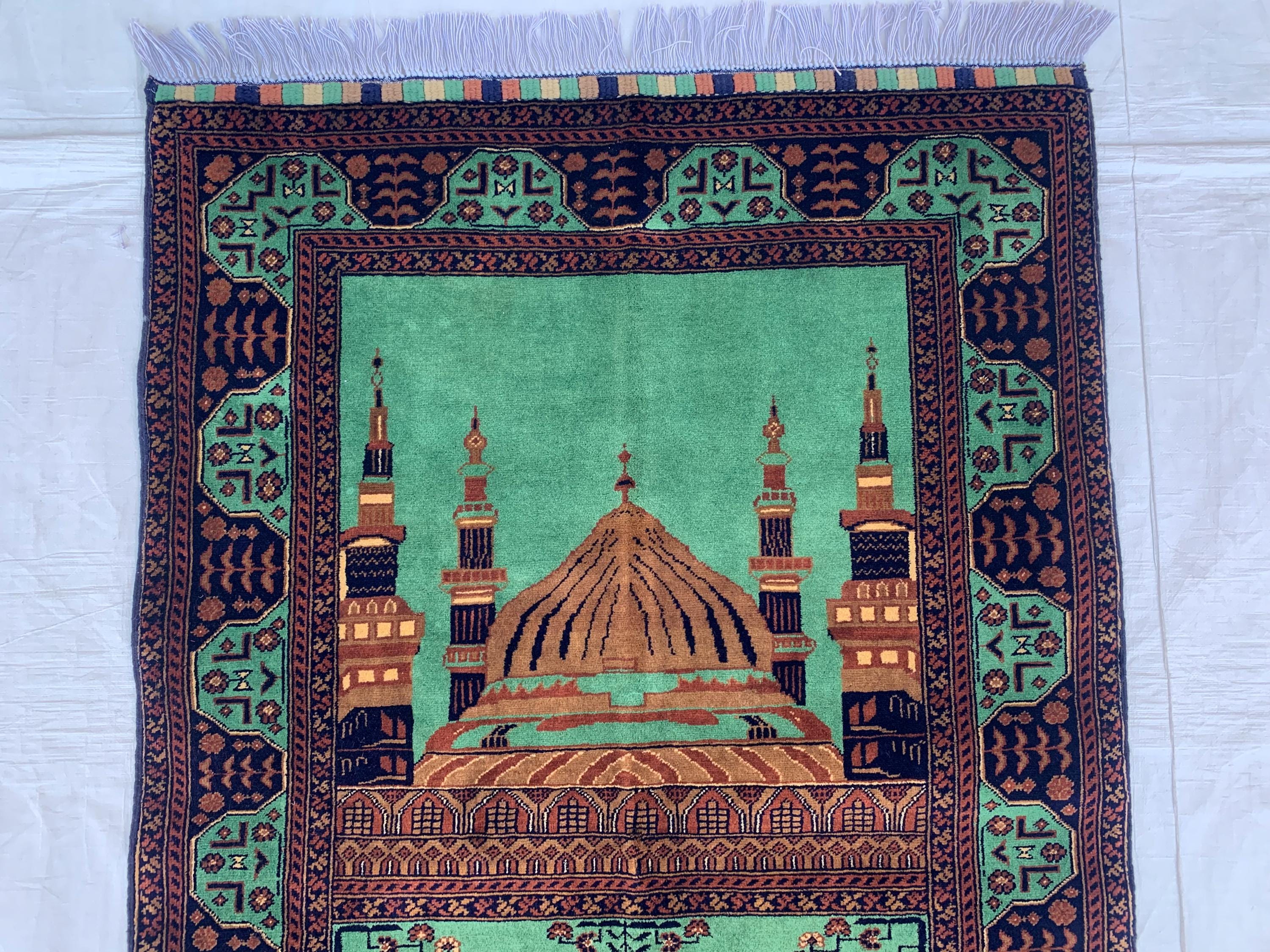 Rich Green Handmade Bukhara Beljik Prayer Rug 4.6x2.11 ft – Vintage Wool Islamic Mat, Red Tribal Design, Muslim Prayer Carpet, Hajj Gift