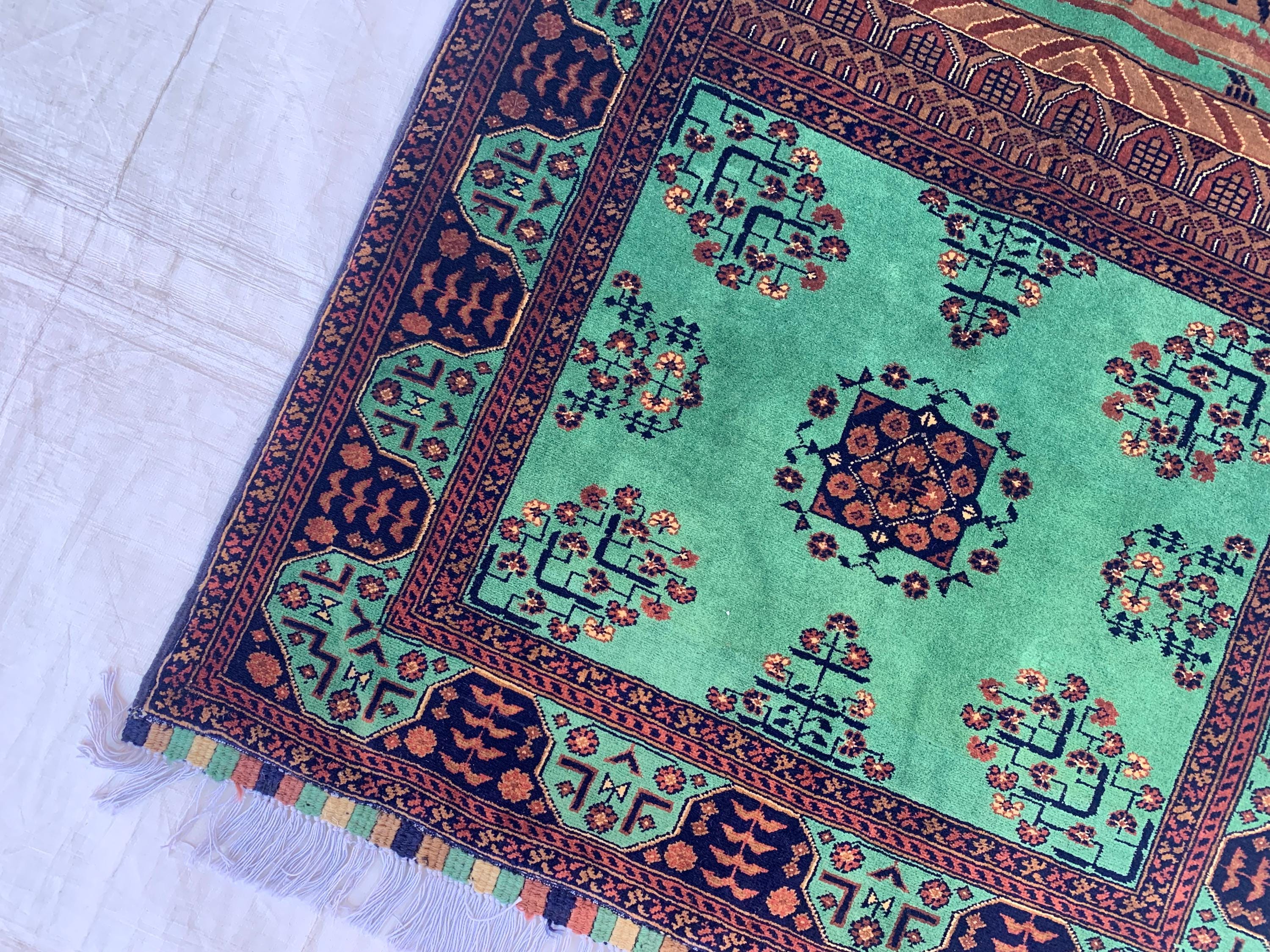 Rich Green Handmade Bukhara Beljik Prayer Rug 4.6x2.11 ft – Vintage Wool Islamic Mat, Red Tribal Design, Muslim Prayer Carpet, Hajj Gift