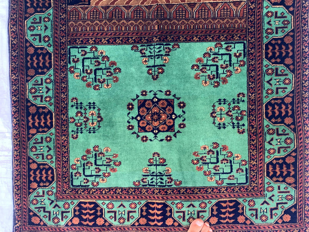 Rich Green Handmade Bukhara Beljik Prayer Rug 4.6x2.11 ft – Vintage Wool Islamic Mat, Red Tribal Design, Muslim Prayer Carpet, Hajj Gift