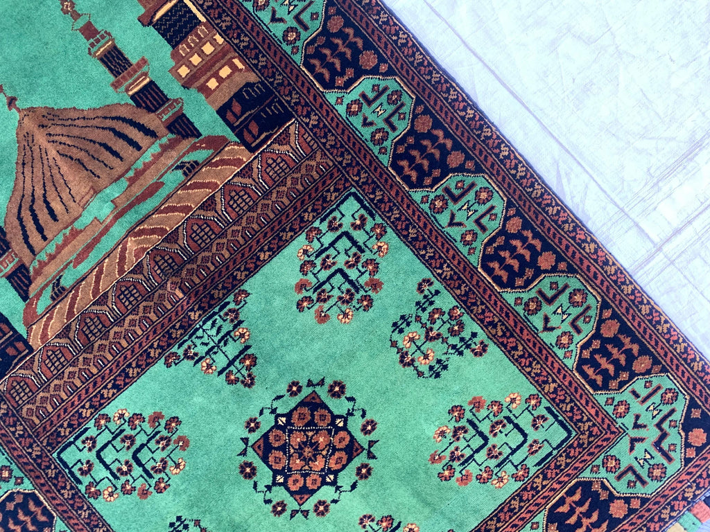 Rich Green Handmade Bukhara Beljik Prayer Rug 4.6x2.11 ft – Vintage Wool Islamic Mat, Red Tribal Design, Muslim Prayer Carpet, Hajj Gift