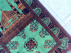 Rich Green Handmade Bukhara Beljik Prayer Rug 4.6x2.11 ft – Vintage Wool Islamic Mat, Red Tribal Design, Muslim Prayer Carpet, Hajj Gift