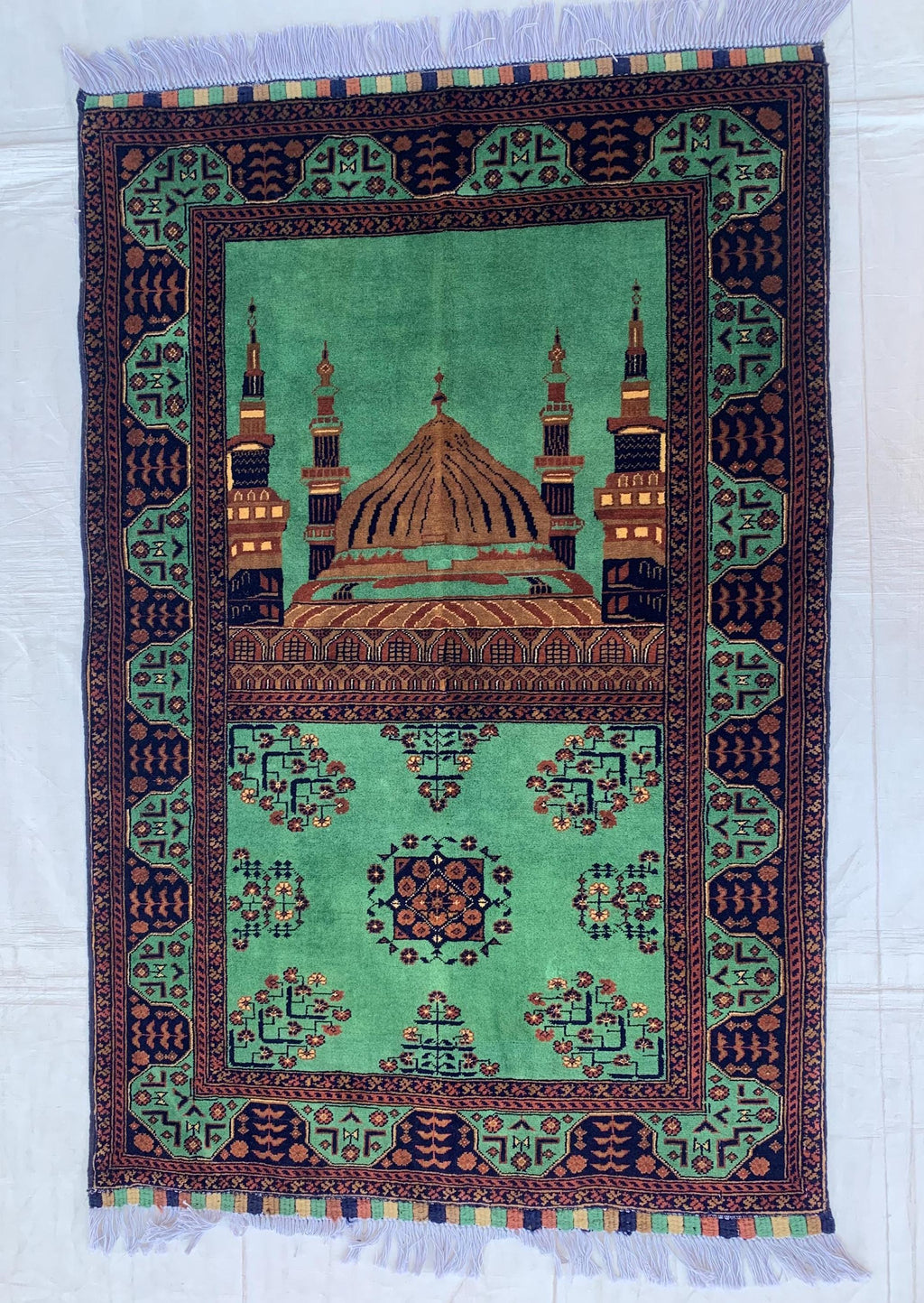 Rich Green Handmade Bukhara Beljik Prayer Rug 4.6x2.11 ft – Vintage Wool Islamic Mat, Red Tribal Design, Muslim Prayer Carpet, Hajj Gift