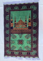 Rich Green Handmade Bukhara Beljik Prayer Rug 4.6x2.11 ft – Vintage Wool Islamic Mat, Red Tribal Design, Muslim Prayer Carpet, Hajj Gift