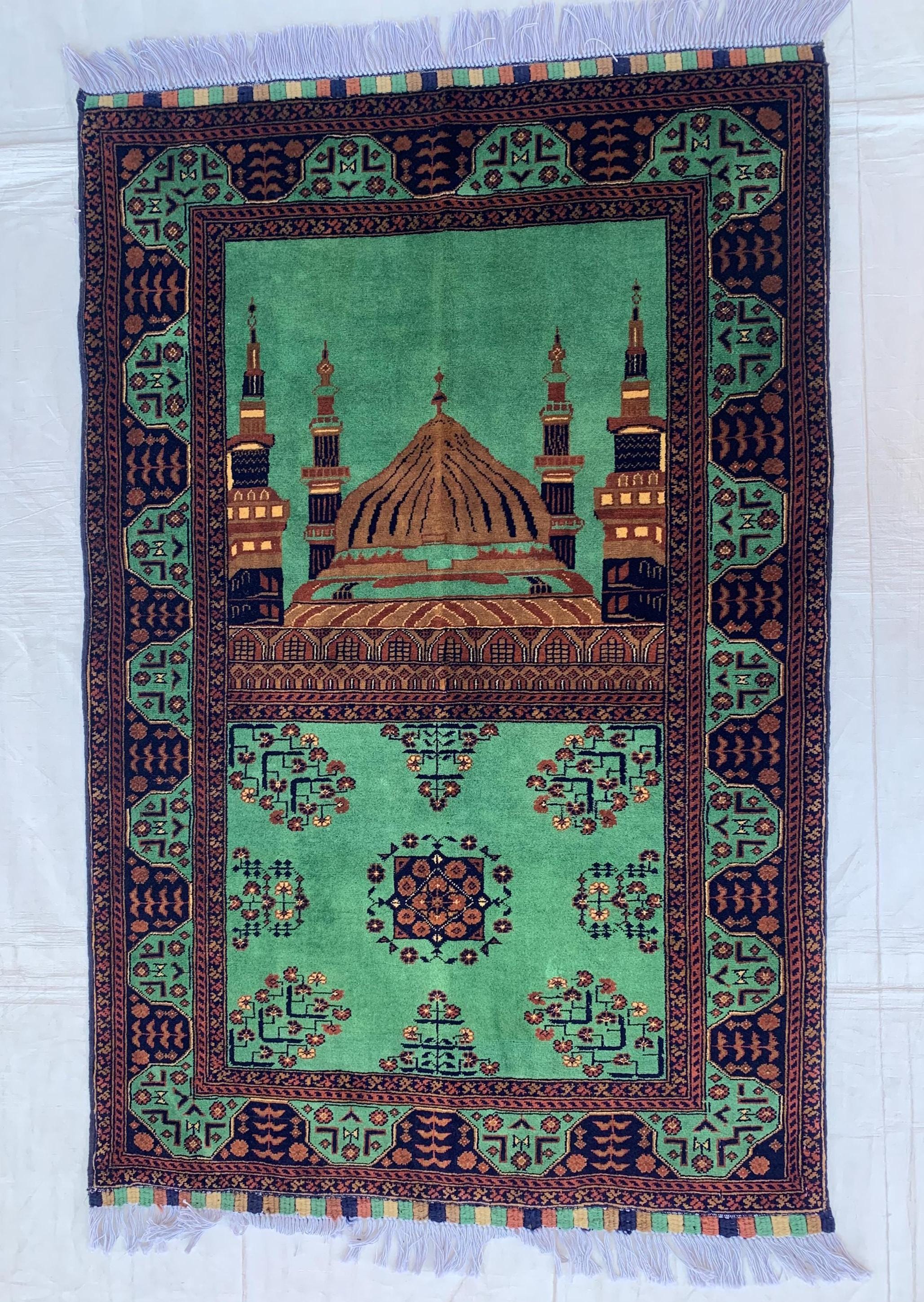 Rich Green Handmade Bukhara Beljik Prayer Rug 4.6x2.11 ft – Vintage Wool Islamic Mat, Red Tribal Design, Muslim Prayer Carpet, Hajj Gift