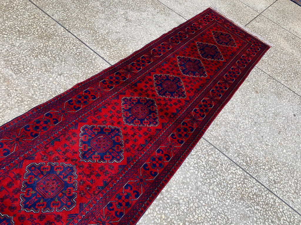 Modern 3x10ft Rug, Bukhara Runner Rug – Turkmen Hand-Knotted Wool Hallway Rug | Minimalist Afghan Runner | Red Geometric Carpet 300x79cm