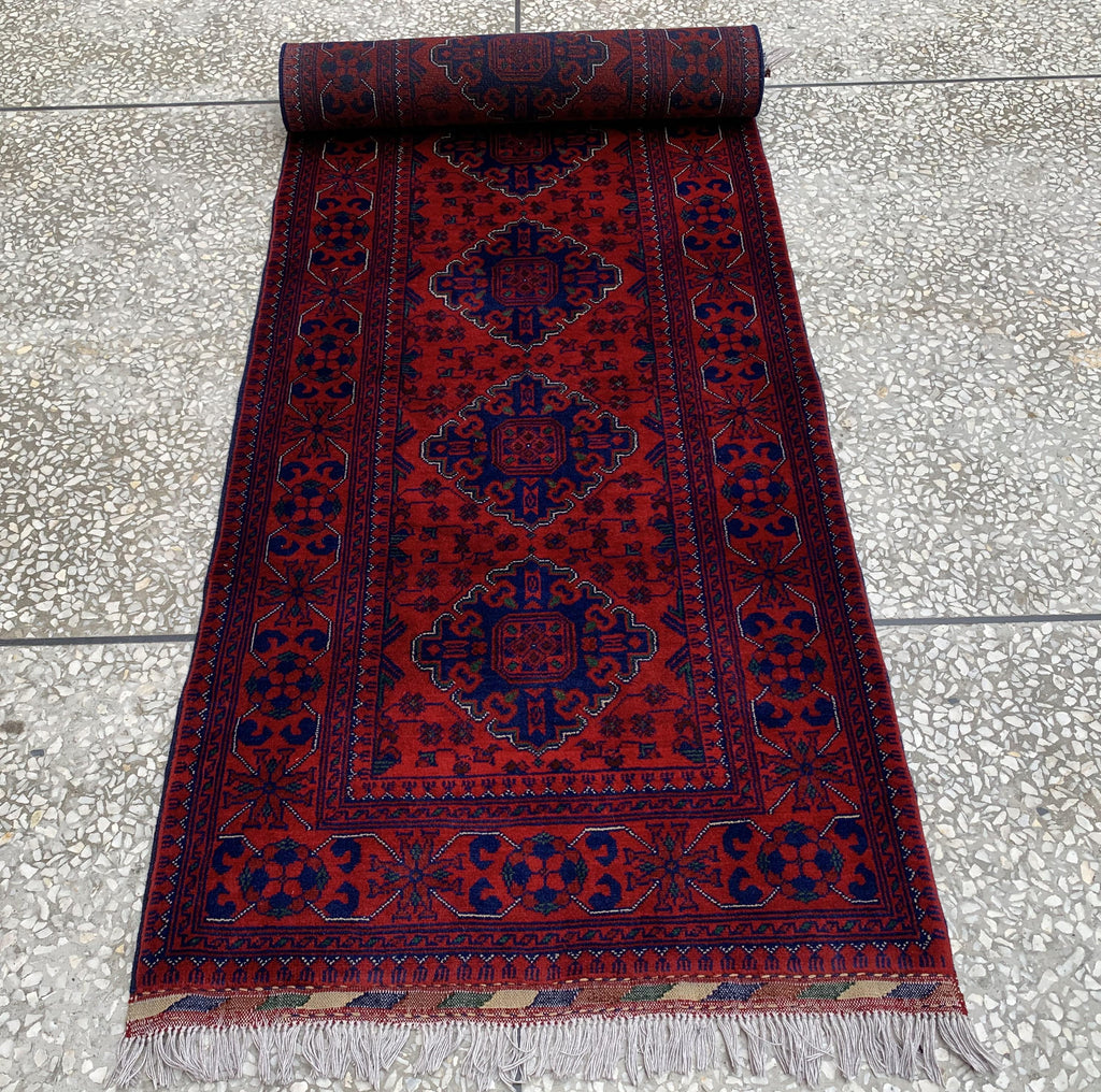 Modern 3x10ft Rug, Bukhara Runner Rug – Turkmen Hand-Knotted Wool Hallway Rug | Minimalist Afghan Runner | Red Geometric Carpet 300x79cm