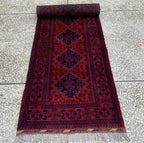 Modern 3x10ft Rug, Bukhara Runner Rug – Turkmen Hand-Knotted Wool Hallway Rug | Minimalist Afghan Runner | Red Geometric Carpet 300x79cm