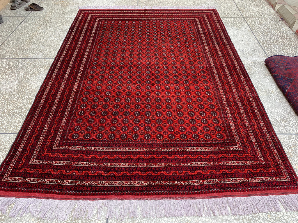 Large Mowri Gul Rug 9.6x6.6ft – Turkmen HandKnotted Afghan Wool Rug |Red Tribal Persian Carpet| Oriental Geometric Area Rug, living room Rug