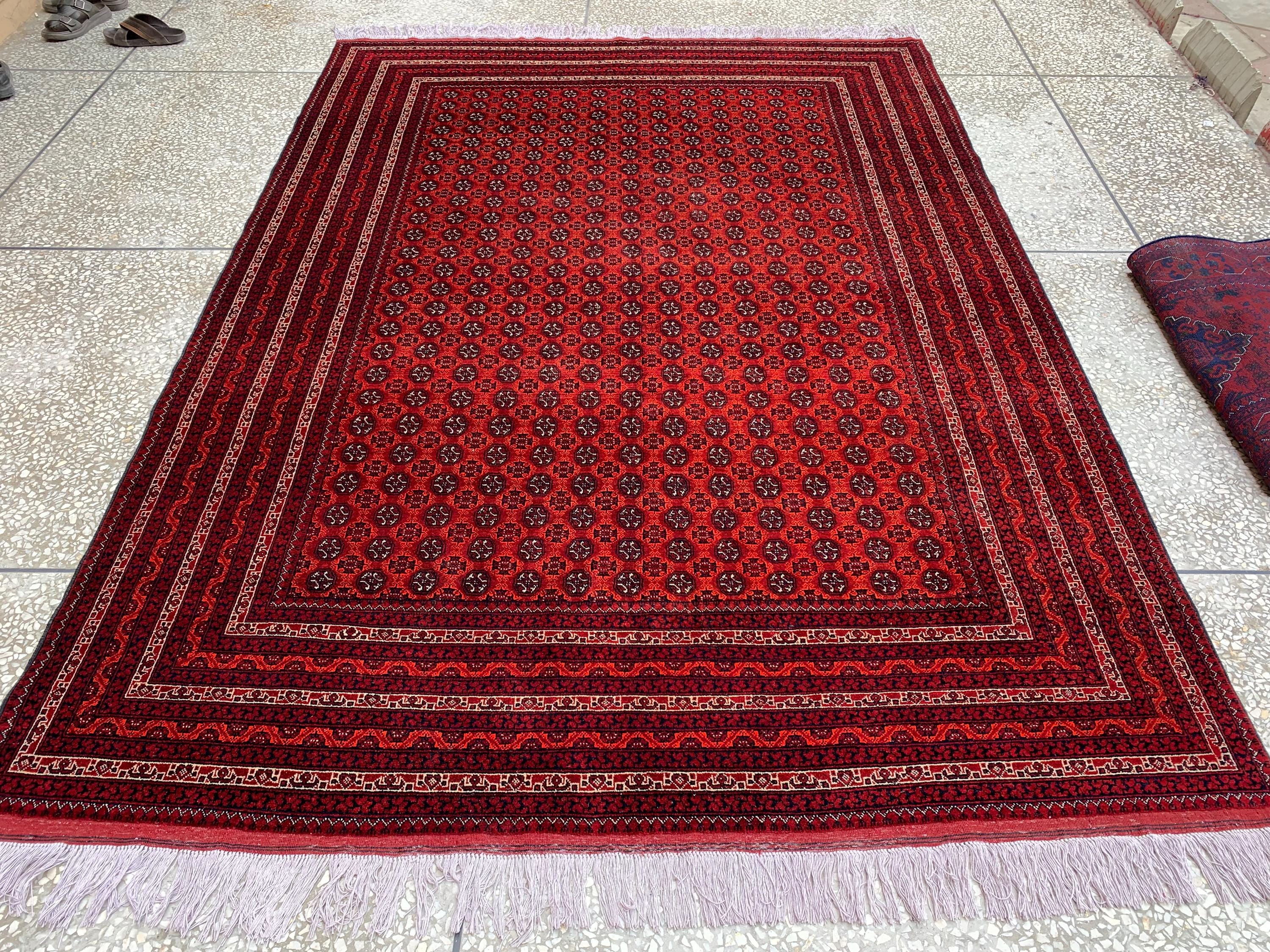 Large Mowri Gul Rug 9.6x6.6ft – Turkmen HandKnotted Afghan Wool Rug |Red Tribal Persian Carpet| Oriental Geometric Area Rug, living room Rug