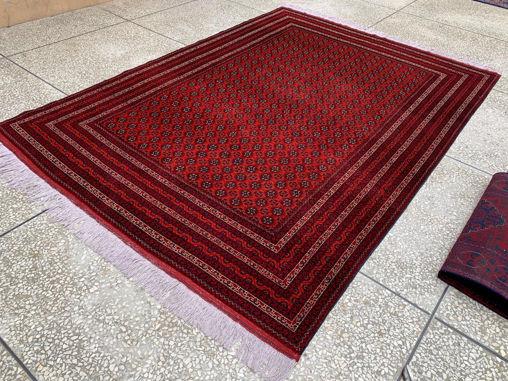 Large Mowri Gul Rug 9.6x6.6ft – Turkmen HandKnotted Afghan Wool Rug |Red Tribal Persian Carpet| Oriental Geometric Area Rug, living room Rug