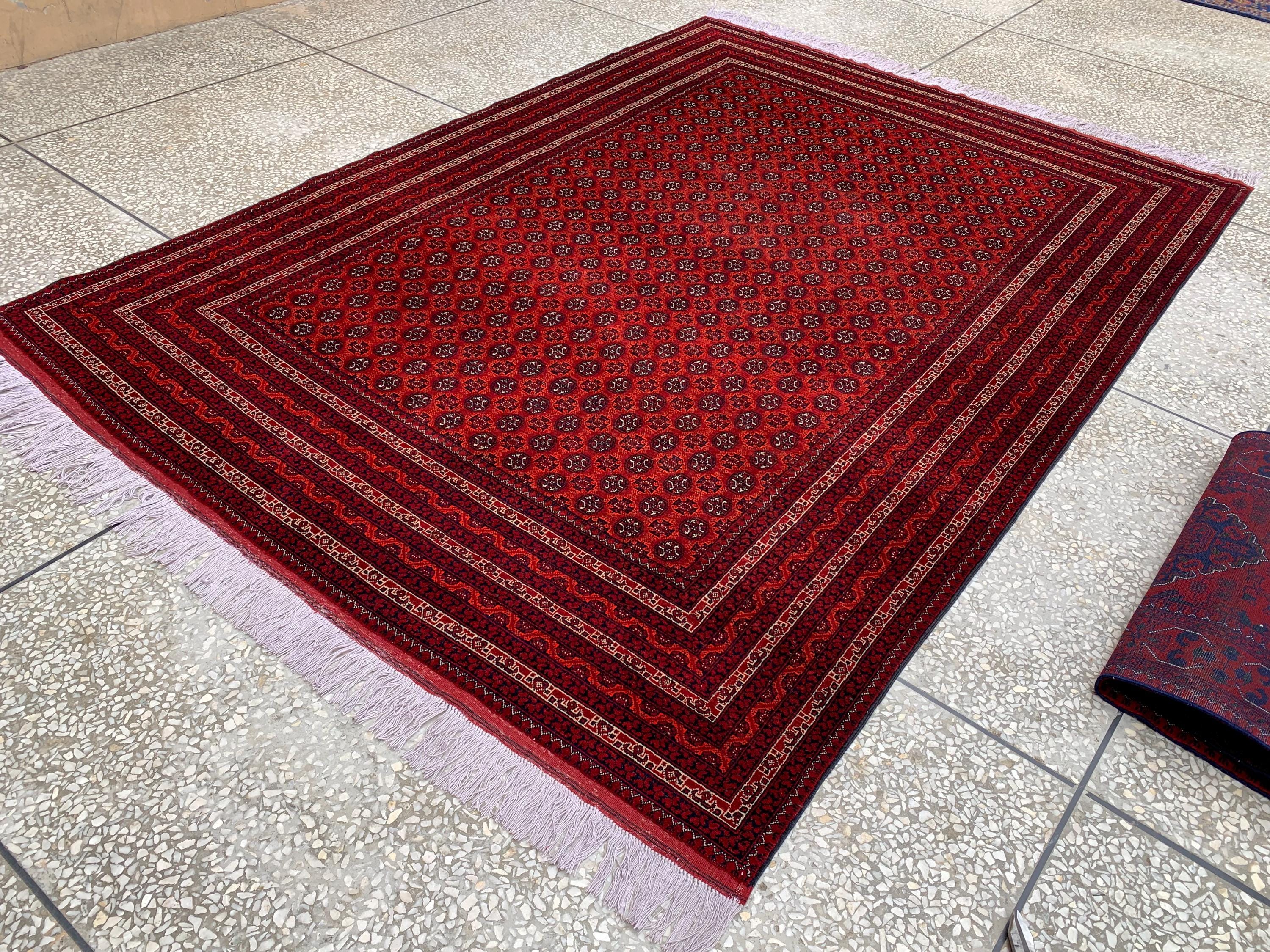 Large Mowri Gul Rug 9.6x6.6ft – Turkmen HandKnotted Afghan Wool Rug |Red Tribal Persian Carpet| Oriental Geometric Area Rug, living room Rug