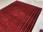 Large Mowri Gul Rug 9.6x6.6ft – Turkmen HandKnotted Afghan Wool Rug |Red Tribal Persian Carpet| Oriental Geometric Area Rug, living room Rug