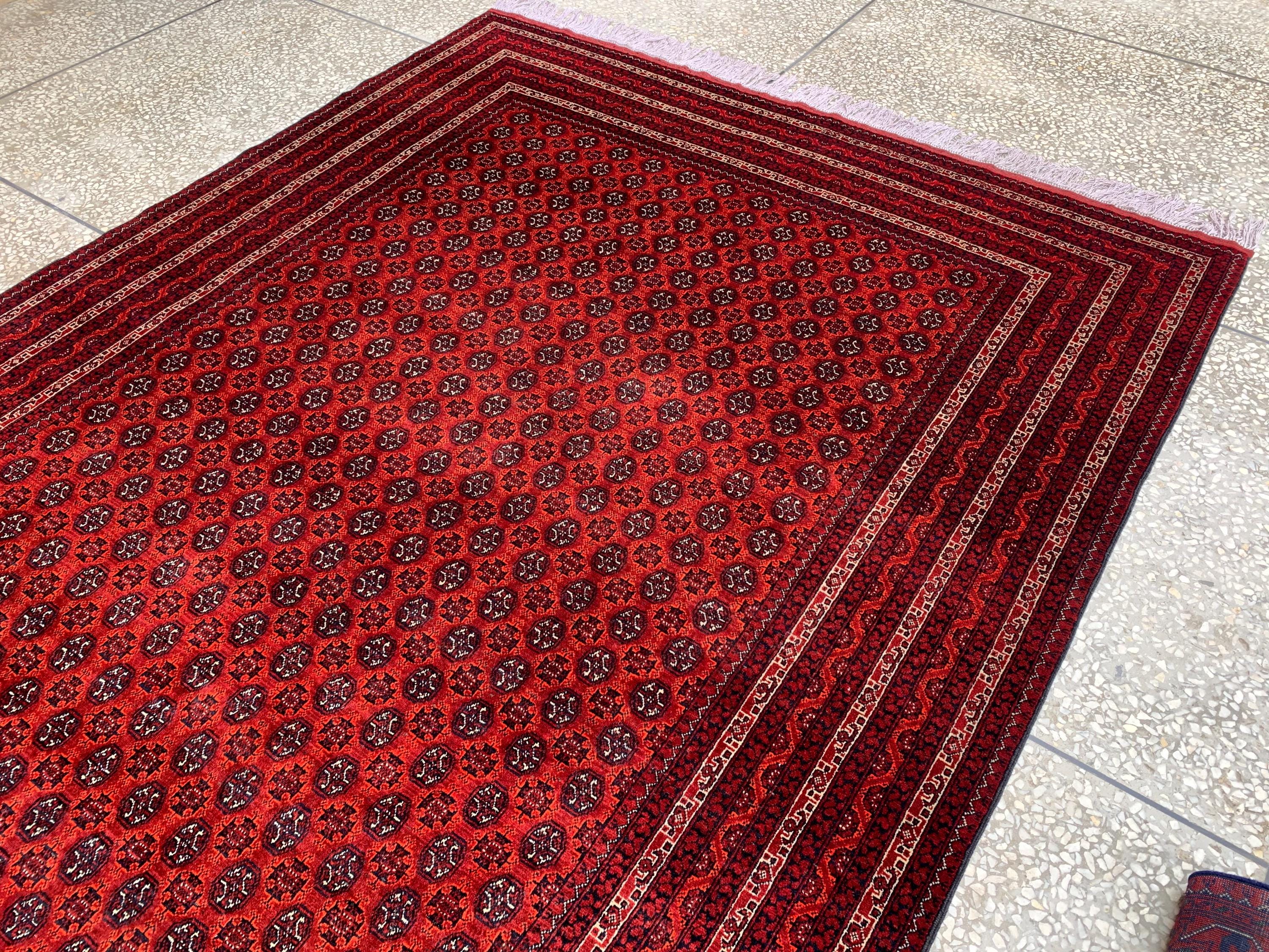 Large Mowri Gul Rug 9.6x6.6ft – Turkmen HandKnotted Afghan Wool Rug |Red Tribal Persian Carpet| Oriental Geometric Area Rug, living room Rug