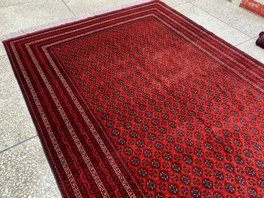 Large Mowri Gul Rug 9.6x6.6ft – Turkmen HandKnotted Afghan Wool Rug |Red Tribal Persian Carpet| Oriental Geometric Area Rug, living room Rug