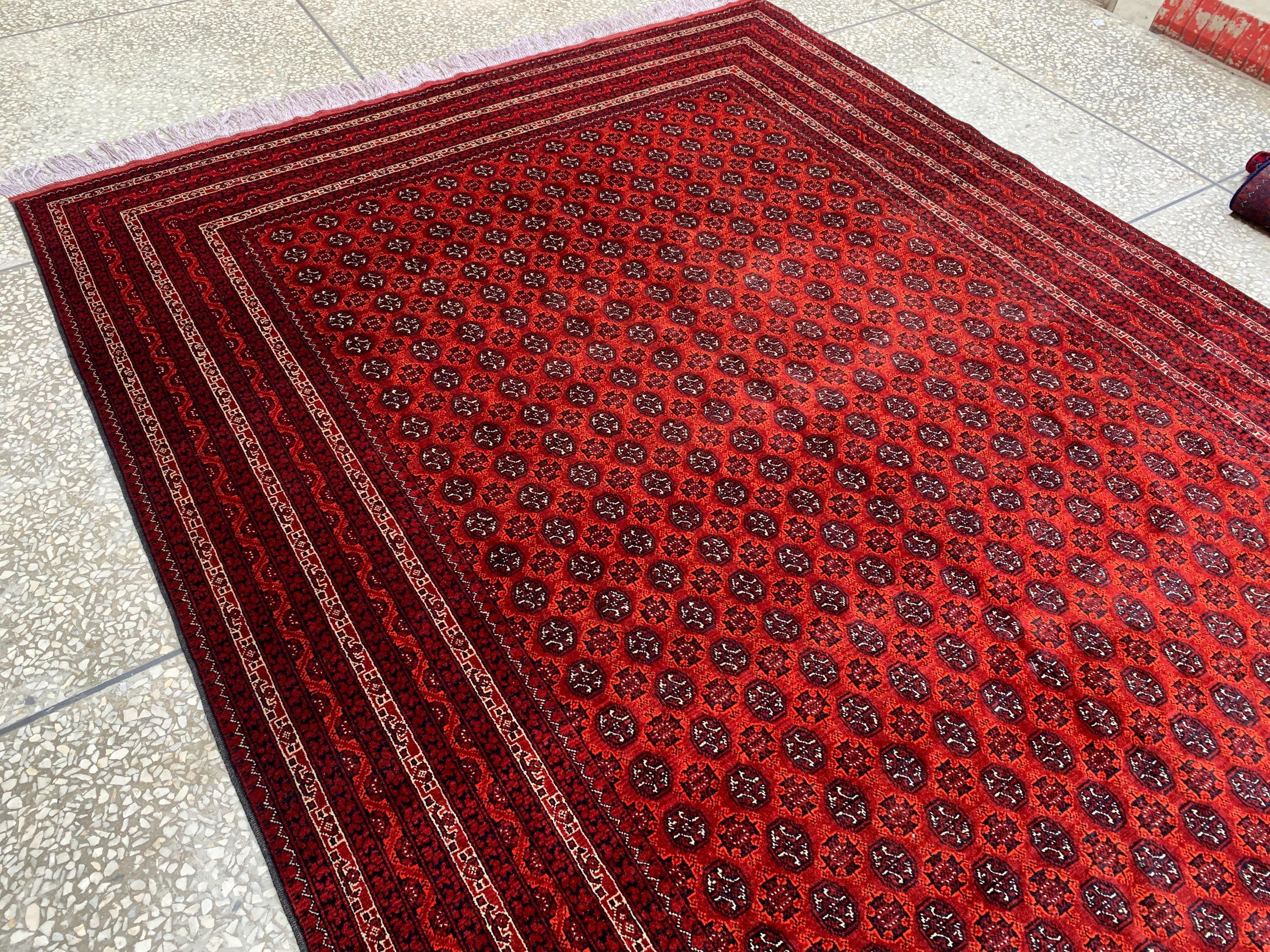 Large Mowri Gul Rug 9.6x6.6ft – Turkmen HandKnotted Afghan Wool Rug |Red Tribal Persian Carpet| Oriental Geometric Area Rug, living room Rug