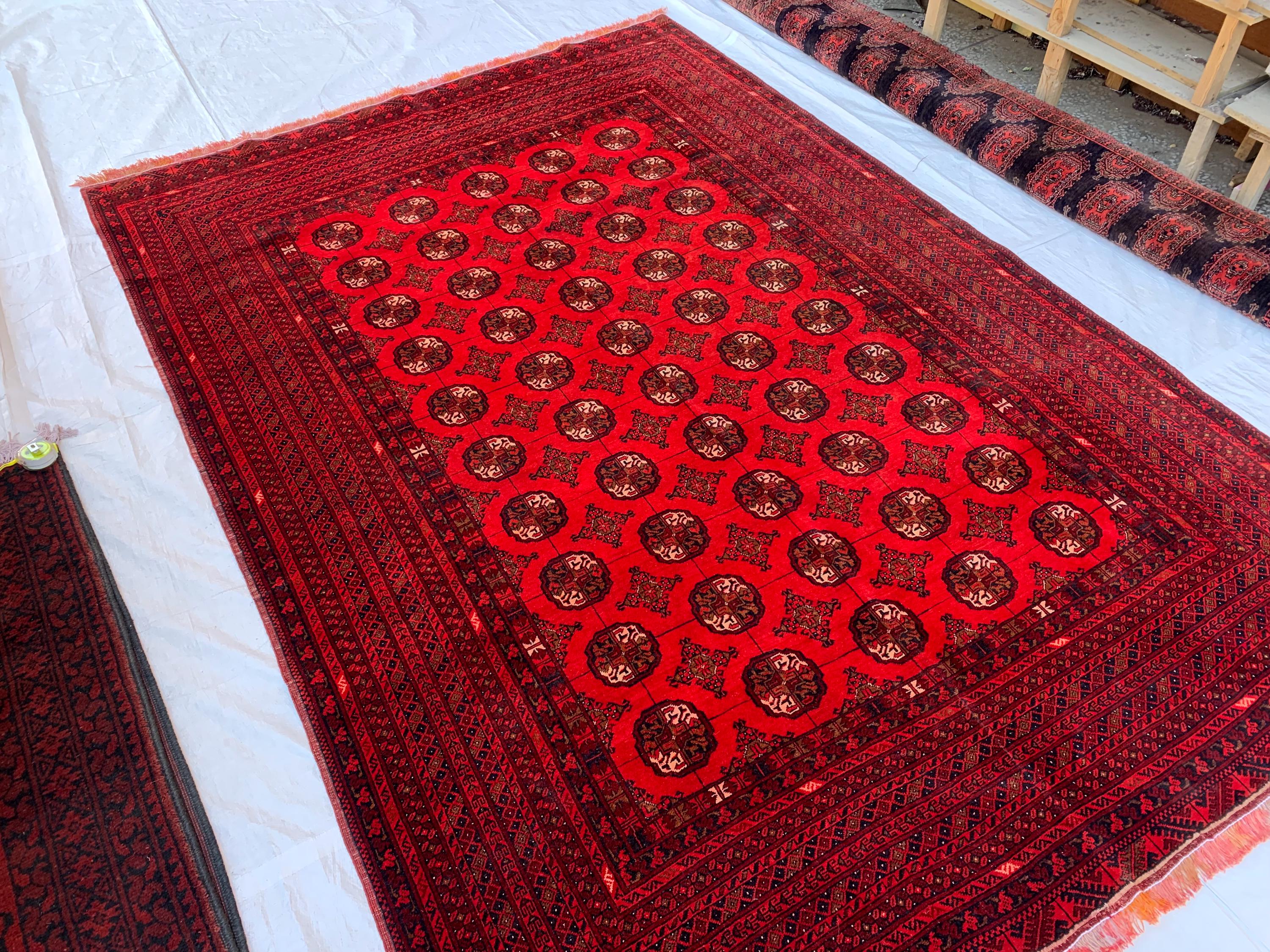 Antique Ahal Gul Rug 6.4x9.4dt – Vintage Red Hand-Knotted Wool Carpet |Tribal Oriental Area Rug for Living Room, Study, Home Décor 289x191cm