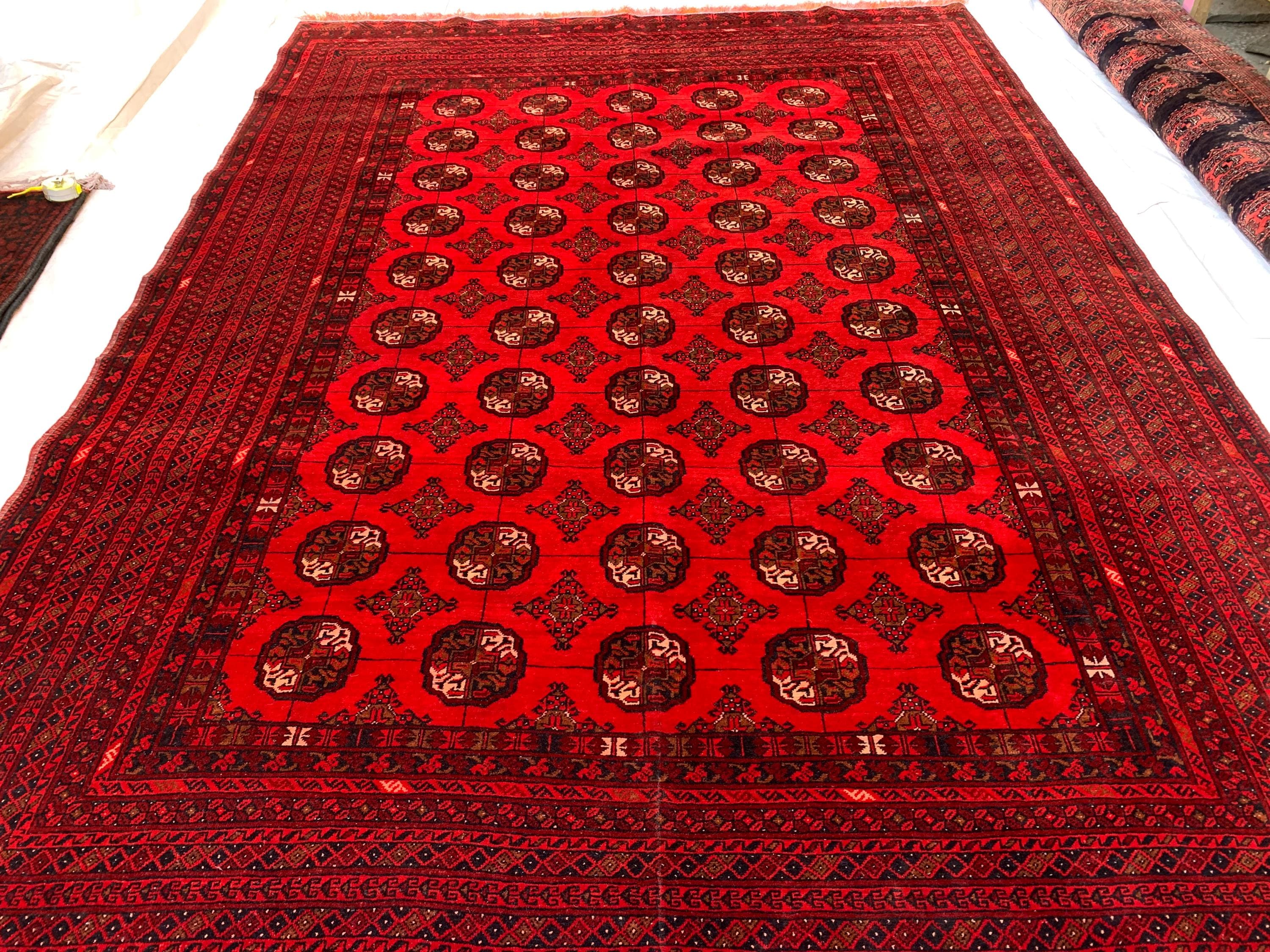 Antique Ahal Gul Rug 6.4x9.4dt – Vintage Red Hand-Knotted Wool Carpet |Tribal Oriental Area Rug for Living Room, Study, Home Décor 289x191cm