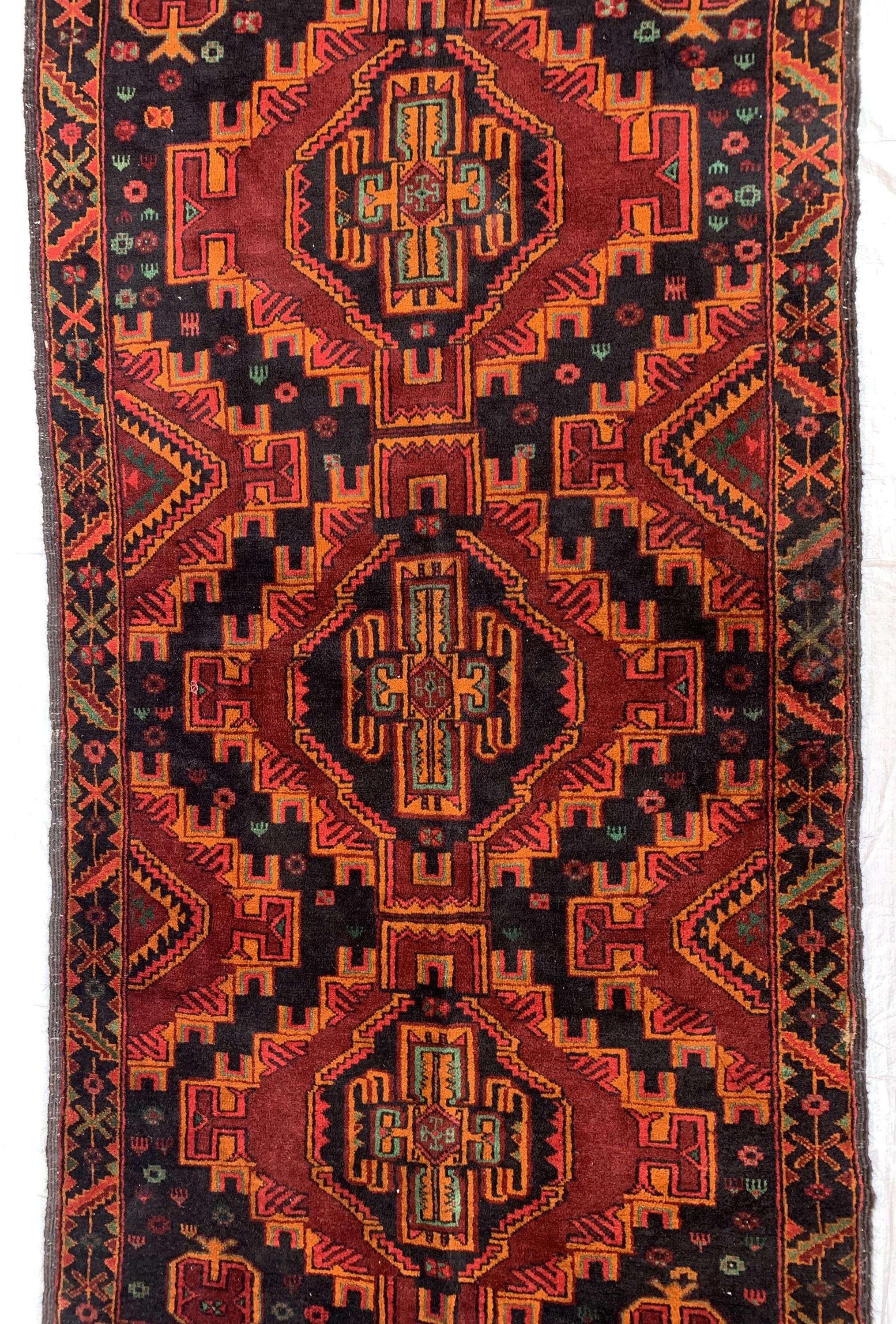 Baluchi Vintage Rug 3x6 –Hand-Knotted Tribal Wool Carpet | Red and Black Oriental Accent Rug for Entryway, Bedroom, or Wall Décor 186x100cm