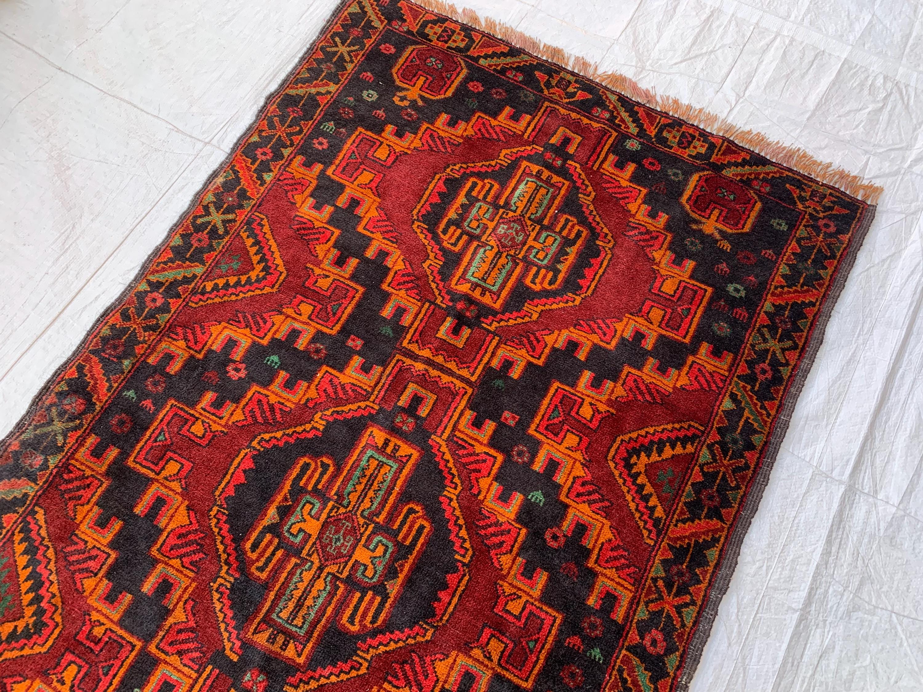 Baluchi Vintage Rug 3x6 –Hand-Knotted Tribal Wool Carpet | Red and Black Oriental Accent Rug for Entryway, Bedroom, or Wall Décor 186x100cm