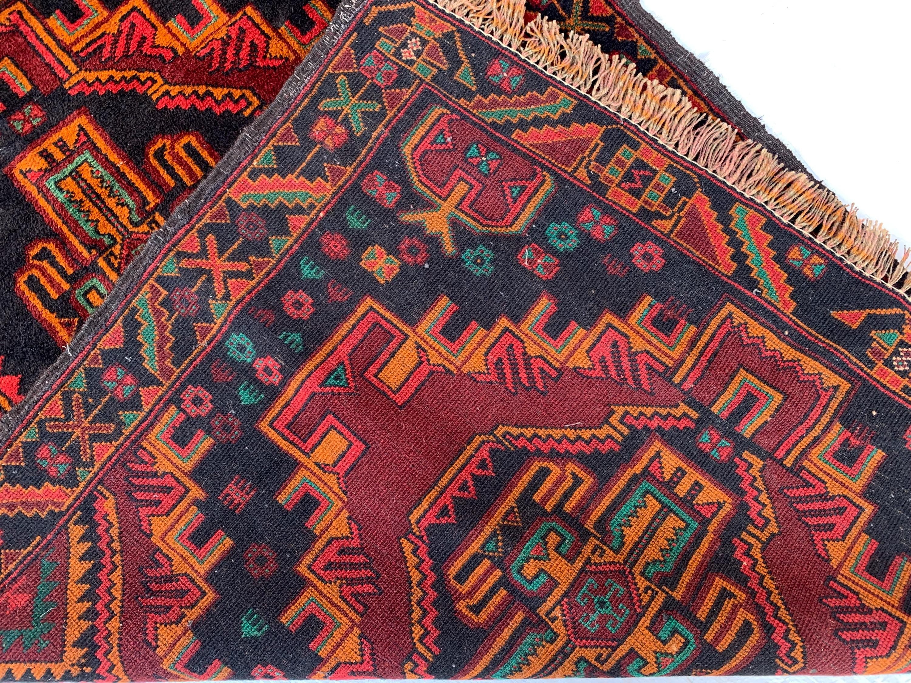 Baluchi Vintage Rug 3x6 –Hand-Knotted Tribal Wool Carpet | Red and Black Oriental Accent Rug for Entryway, Bedroom, or Wall Décor 186x100cm