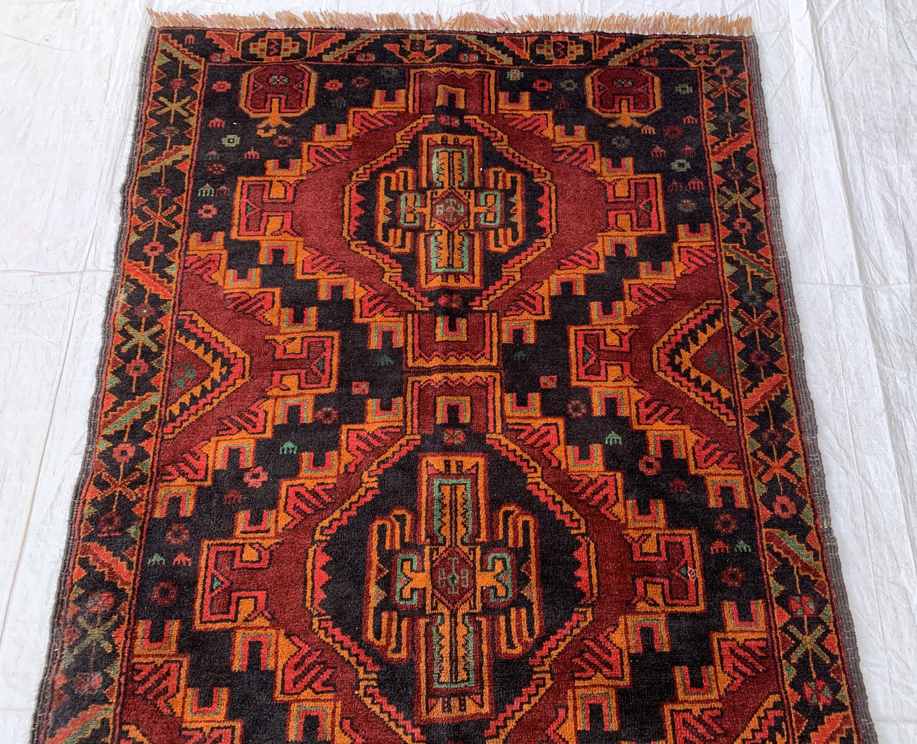 Baluchi Vintage Rug 3x6 –Hand-Knotted Tribal Wool Carpet | Red and Black Oriental Accent Rug for Entryway, Bedroom, or Wall Décor 186x100cm