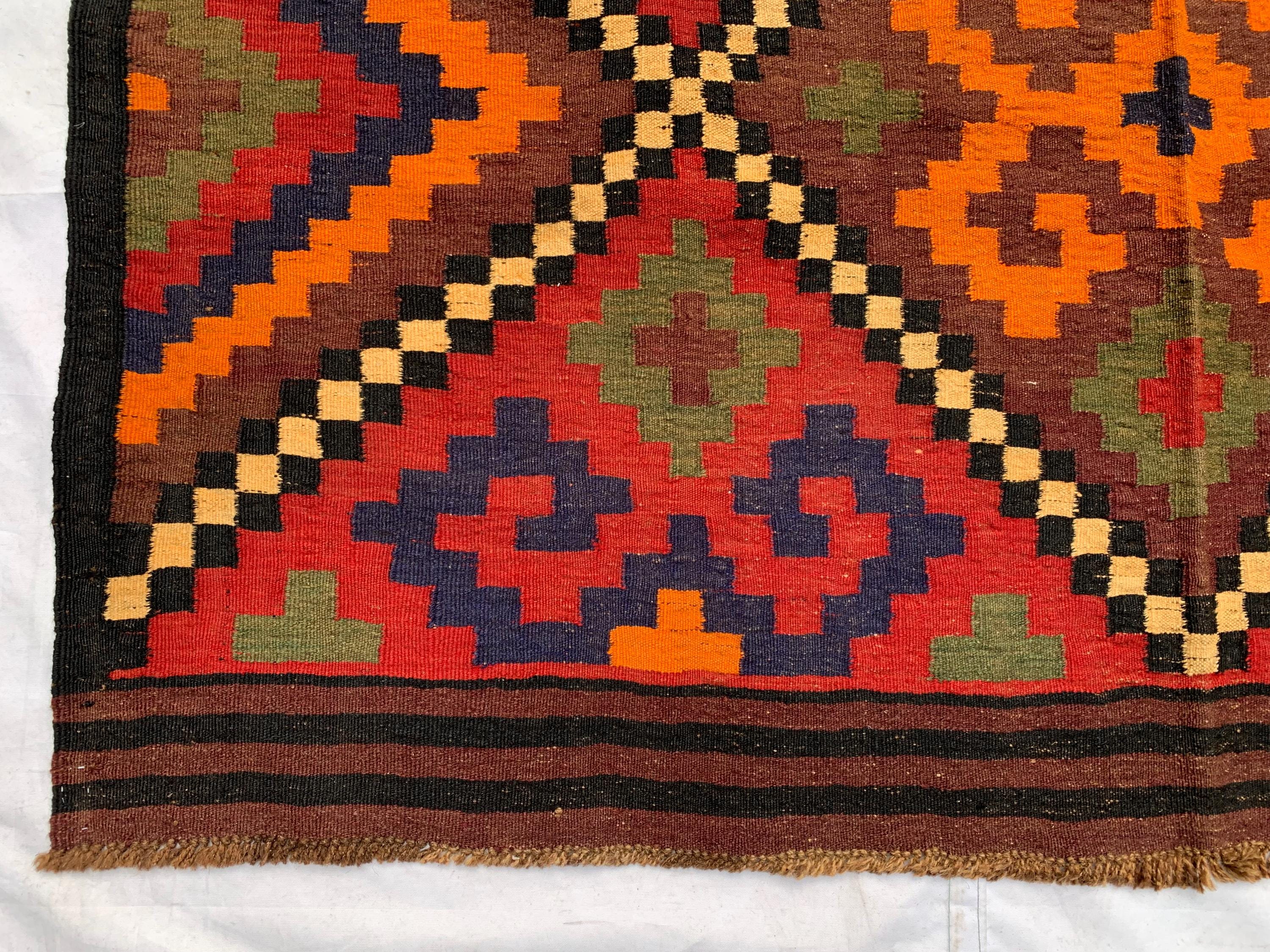 Vintage Kilim Rug 10.1x5.3 ft – Handwoven Wool Area Rug, Boho Tribal Carpet, Geometric Flatweave Runner, Red and Burnt Orange Turkmen Kilim