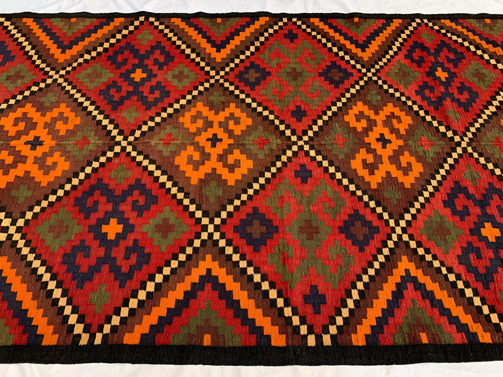 Vintage Kilim Rug 10.1x5.3 ft – Handwoven Wool Area Rug, Boho Tribal Carpet, Geometric Flatweave Runner, Red and Burnt Orange Turkmen Kilim