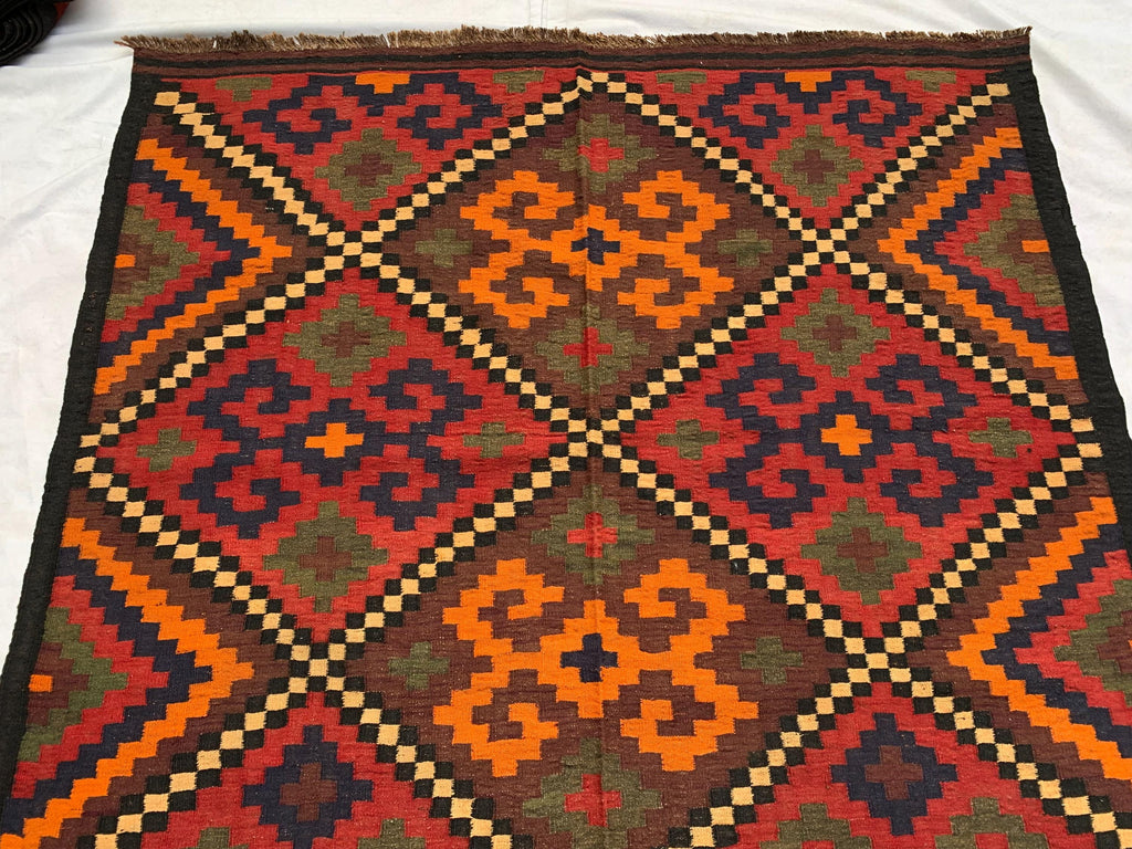 Vintage Kilim Rug 10.1x5.3 ft – Handwoven Wool Area Rug, Boho Tribal Carpet, Geometric Flatweave Runner, Red and Burnt Orange Turkmen Kilim