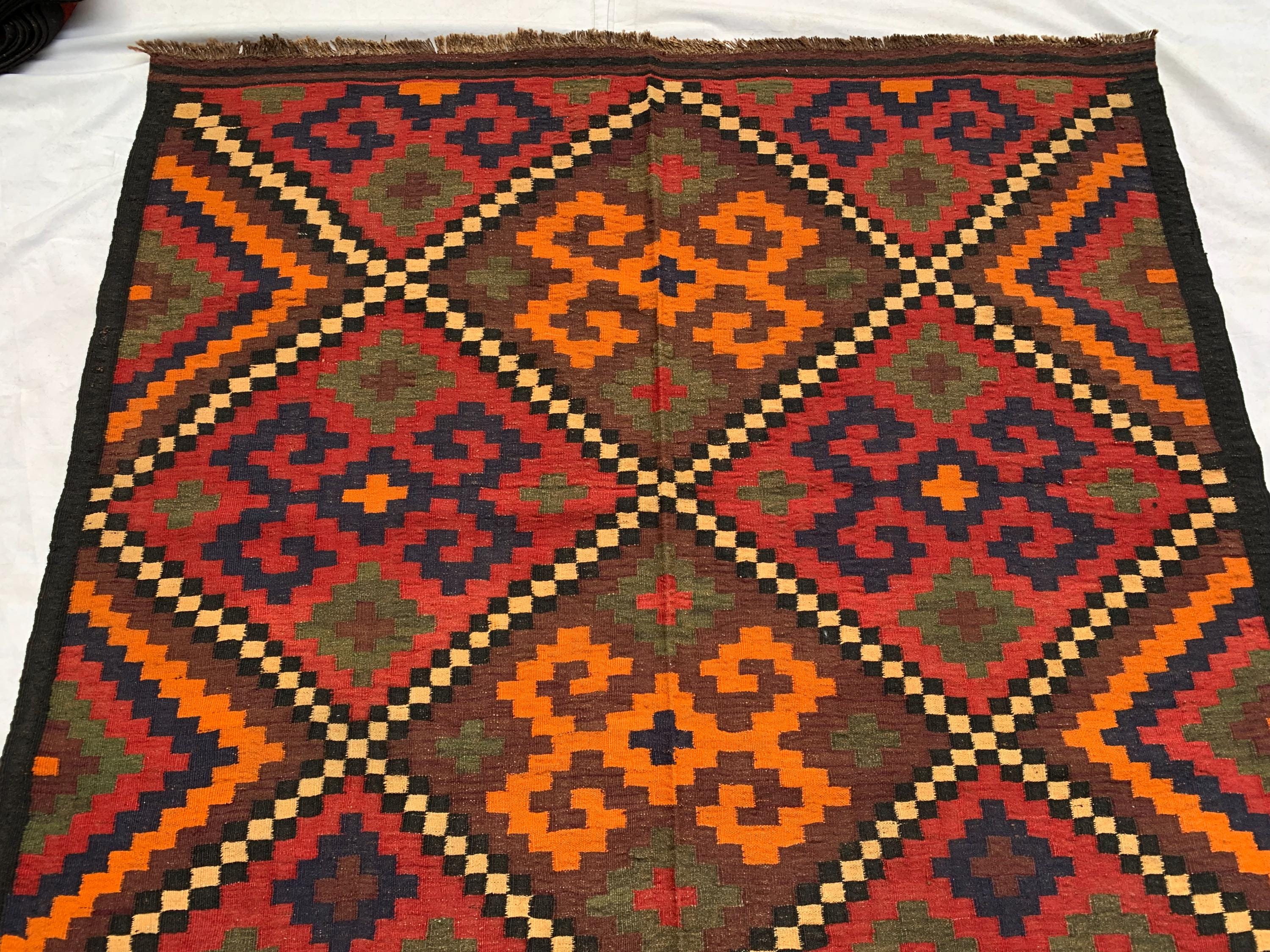 Vintage Kilim Rug 10.1x5.3 ft – Handwoven Wool Area Rug, Boho Tribal Carpet, Geometric Flatweave Runner, Red and Burnt Orange Turkmen Kilim