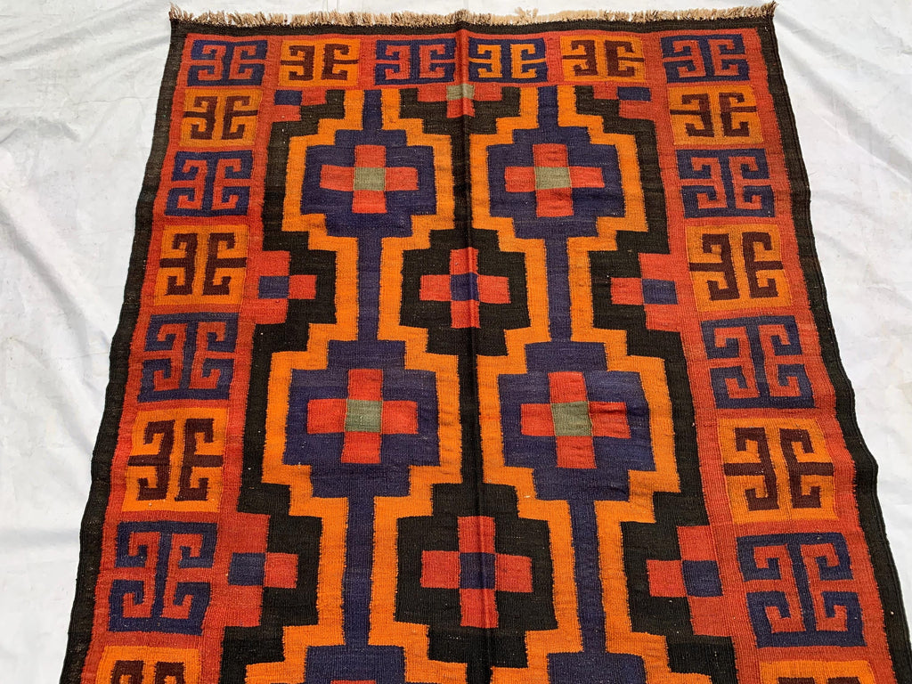 4'3x11'4ft, Vintage Kilim Rug – Handwoven Wool Area Rug, Boho Tribal Carpet, Geometric Flatweave Runner, red burnt orange Turkmen Kilim