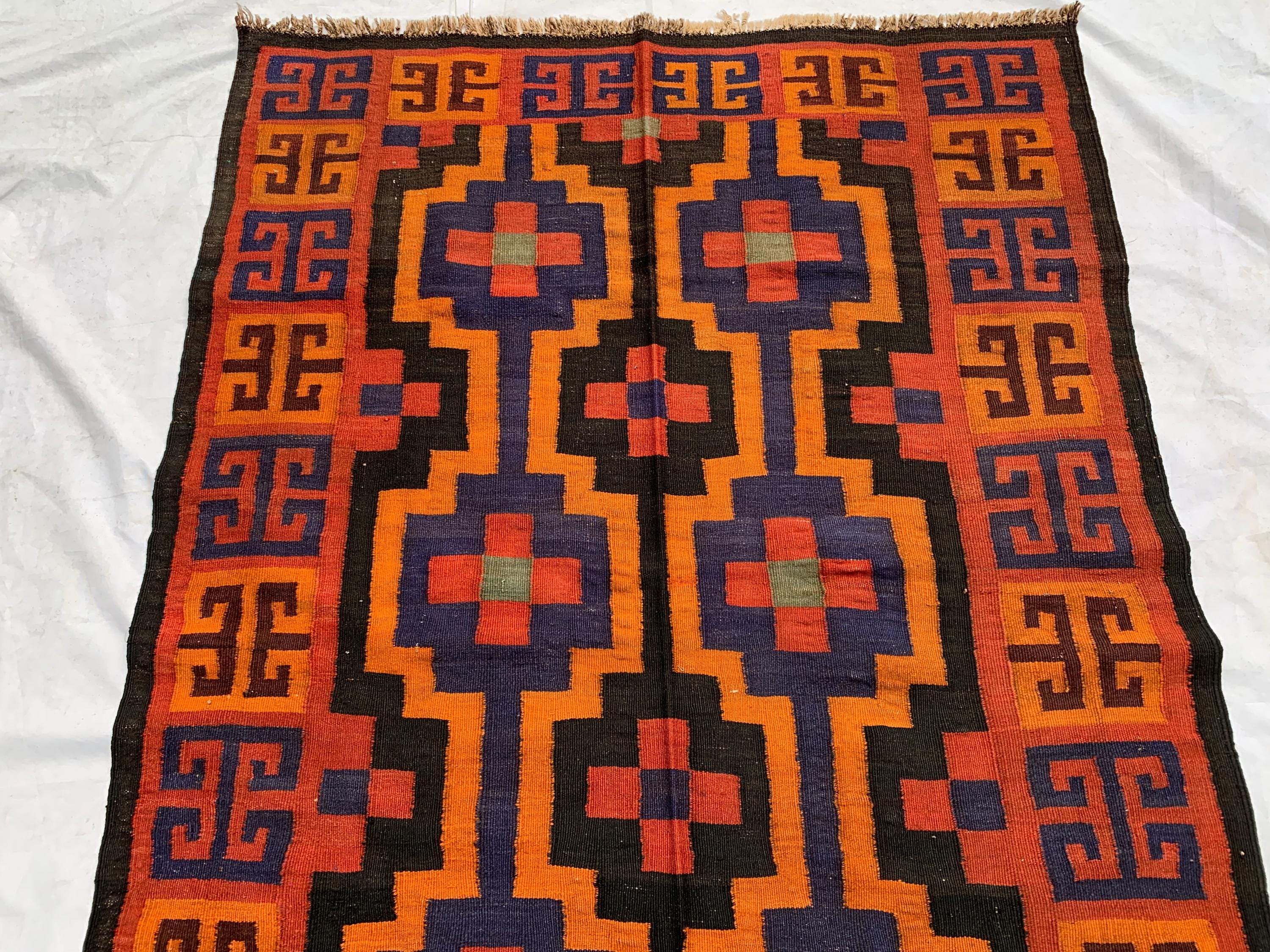 4'3x11'4ft, Vintage Kilim Rug – Handwoven Wool Area Rug, Boho Tribal Carpet, Geometric Flatweave Runner, red burnt orange Turkmen Kilim