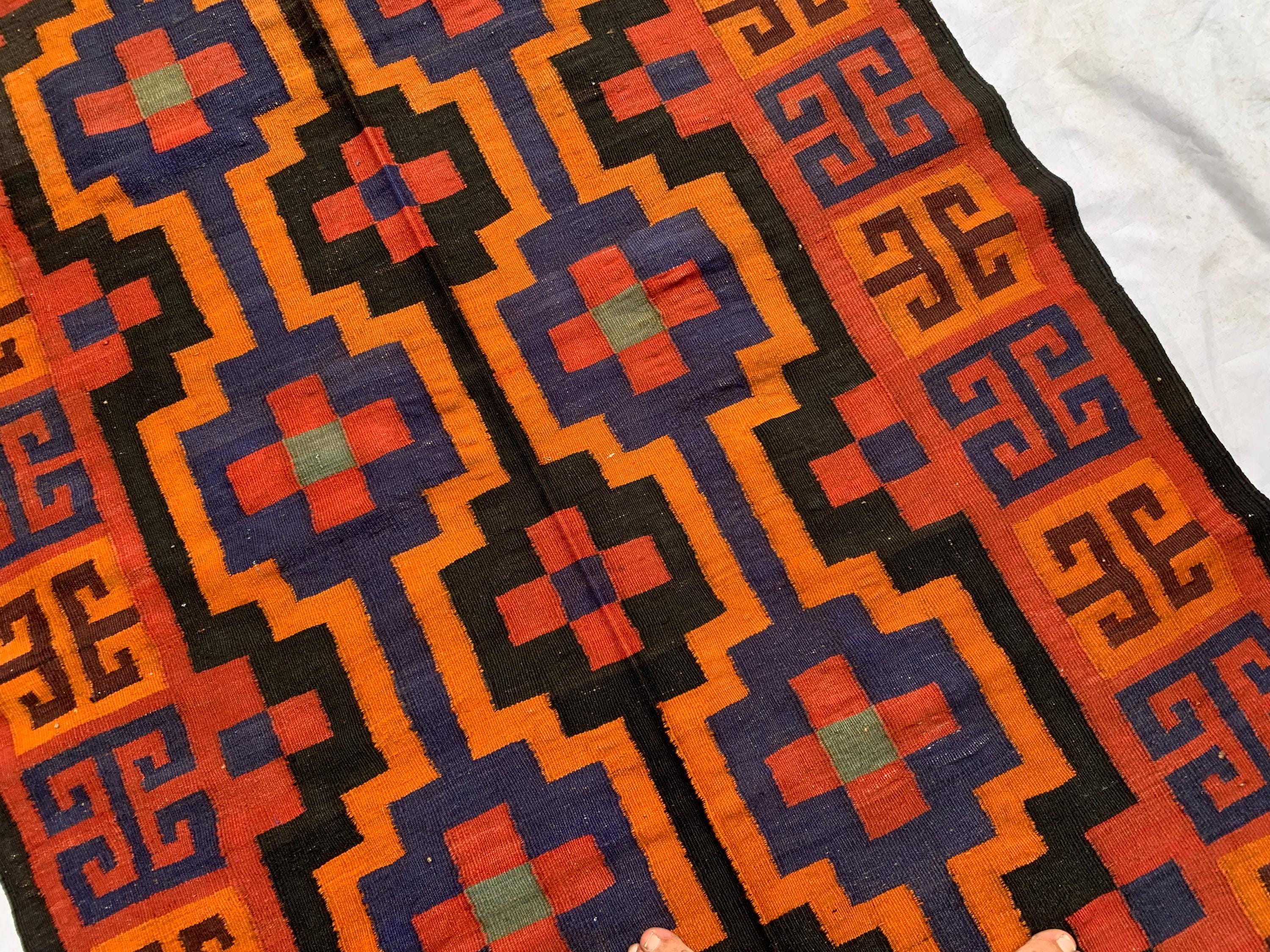 4'3x11'4ft, Vintage Kilim Rug – Handwoven Wool Area Rug, Boho Tribal Carpet, Geometric Flatweave Runner, red burnt orange Turkmen Kilim