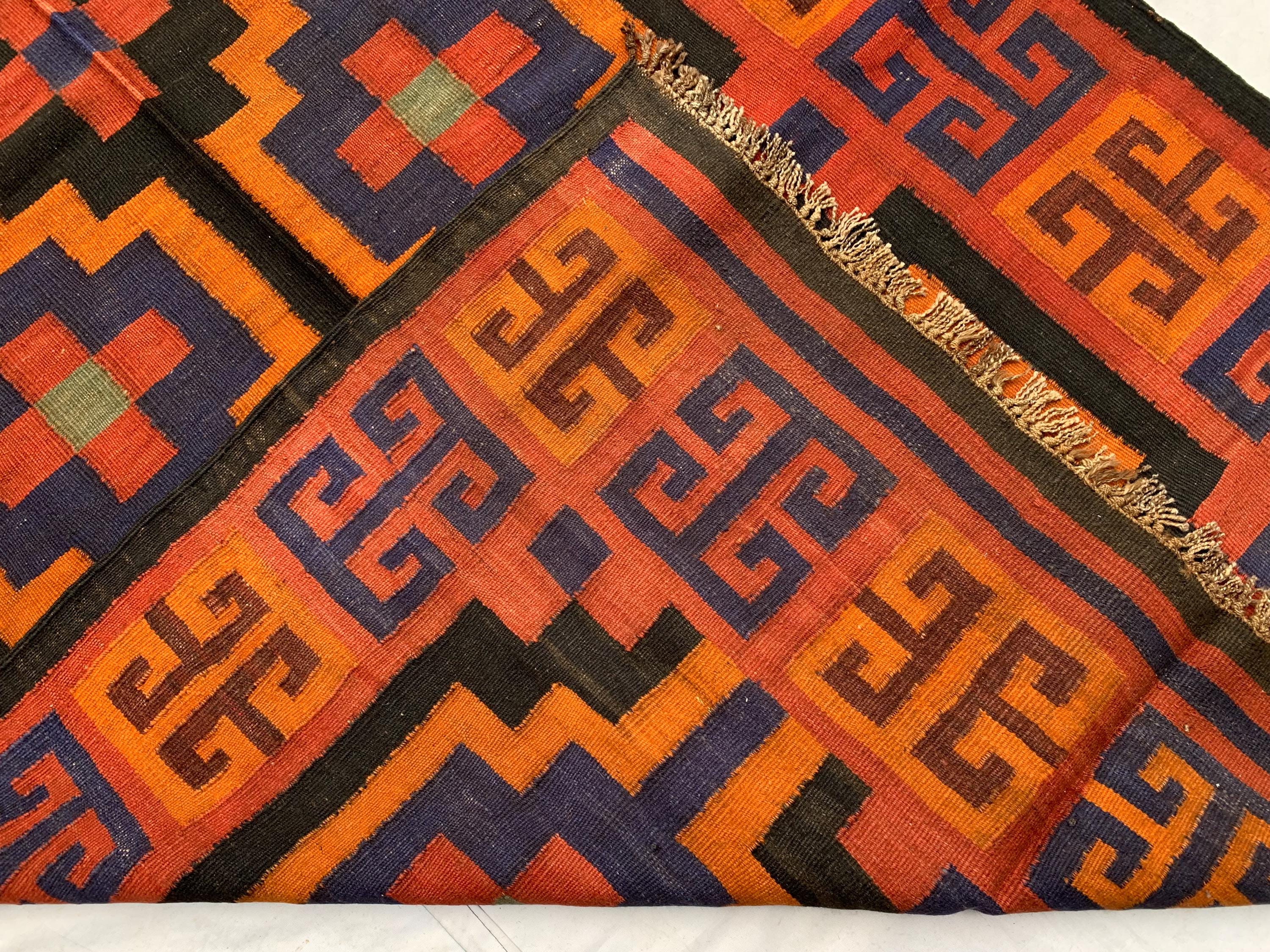 4'3x11'4ft, Vintage Kilim Rug – Handwoven Wool Area Rug, Boho Tribal Carpet, Geometric Flatweave Runner, red burnt orange Turkmen Kilim