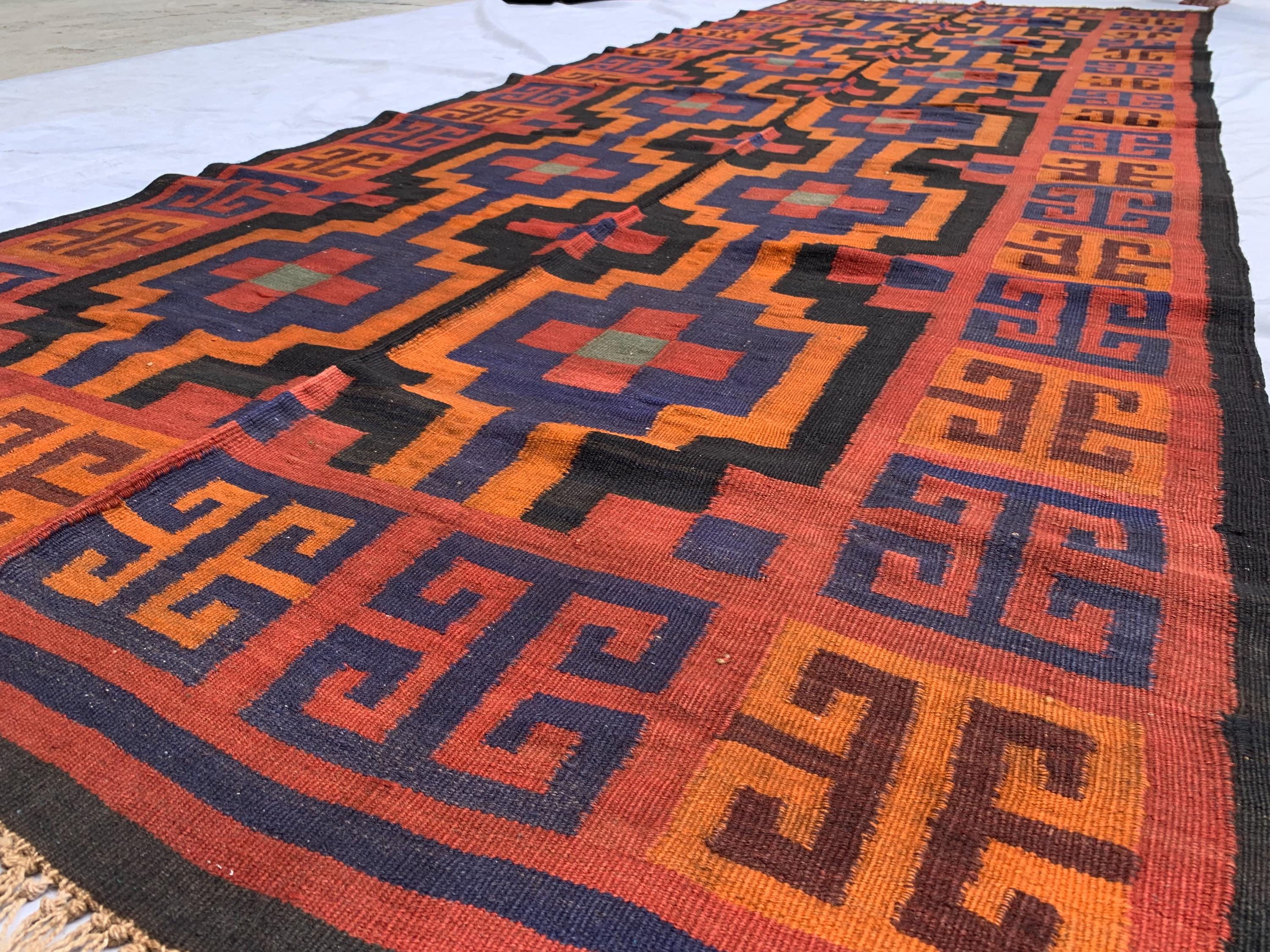 4'3x11'4ft, Vintage Kilim Rug – Handwoven Wool Area Rug, Boho Tribal Carpet, Geometric Flatweave Runner, red burnt orange Turkmen Kilim