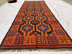 4'3x11'4ft, Vintage Kilim Rug – Handwoven Wool Area Rug, Boho Tribal Carpet, Geometric Flatweave Runner, red burnt orange Turkmen Kilim