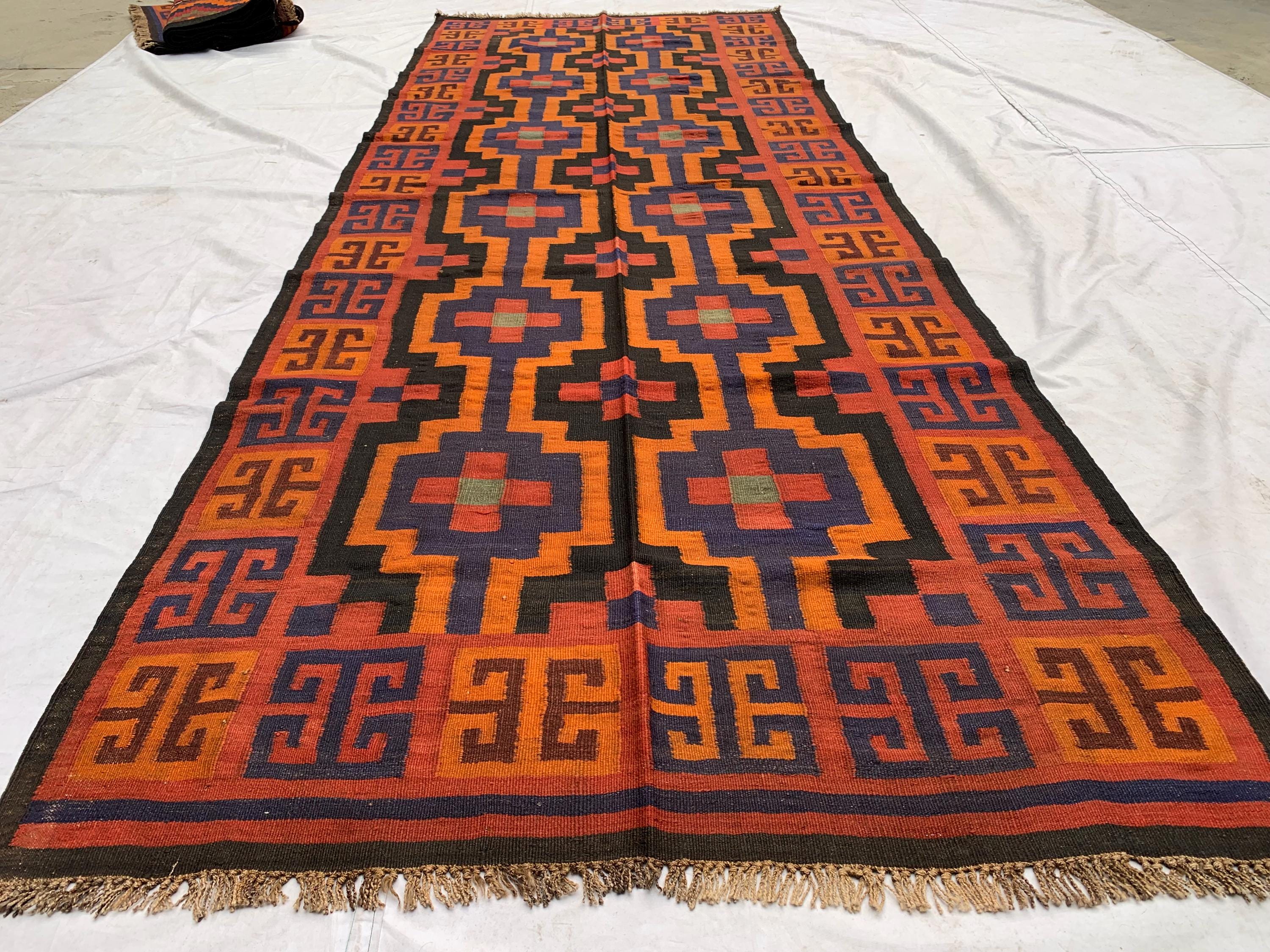 4'3x11'4ft, Vintage Kilim Rug – Handwoven Wool Area Rug, Boho Tribal Carpet, Geometric Flatweave Runner, red burnt orange Turkmen Kilim