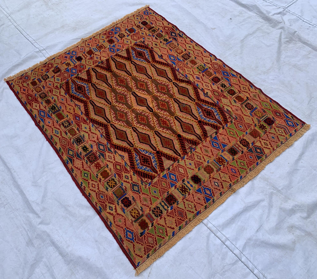 Vintage Herati Kilim Rug 3'5x4'2ft – Handwoven Wool Wall Hanging, Tribal Flatweave Rug, Boho Accent Carpet, Persian Small Decor 130x107cm